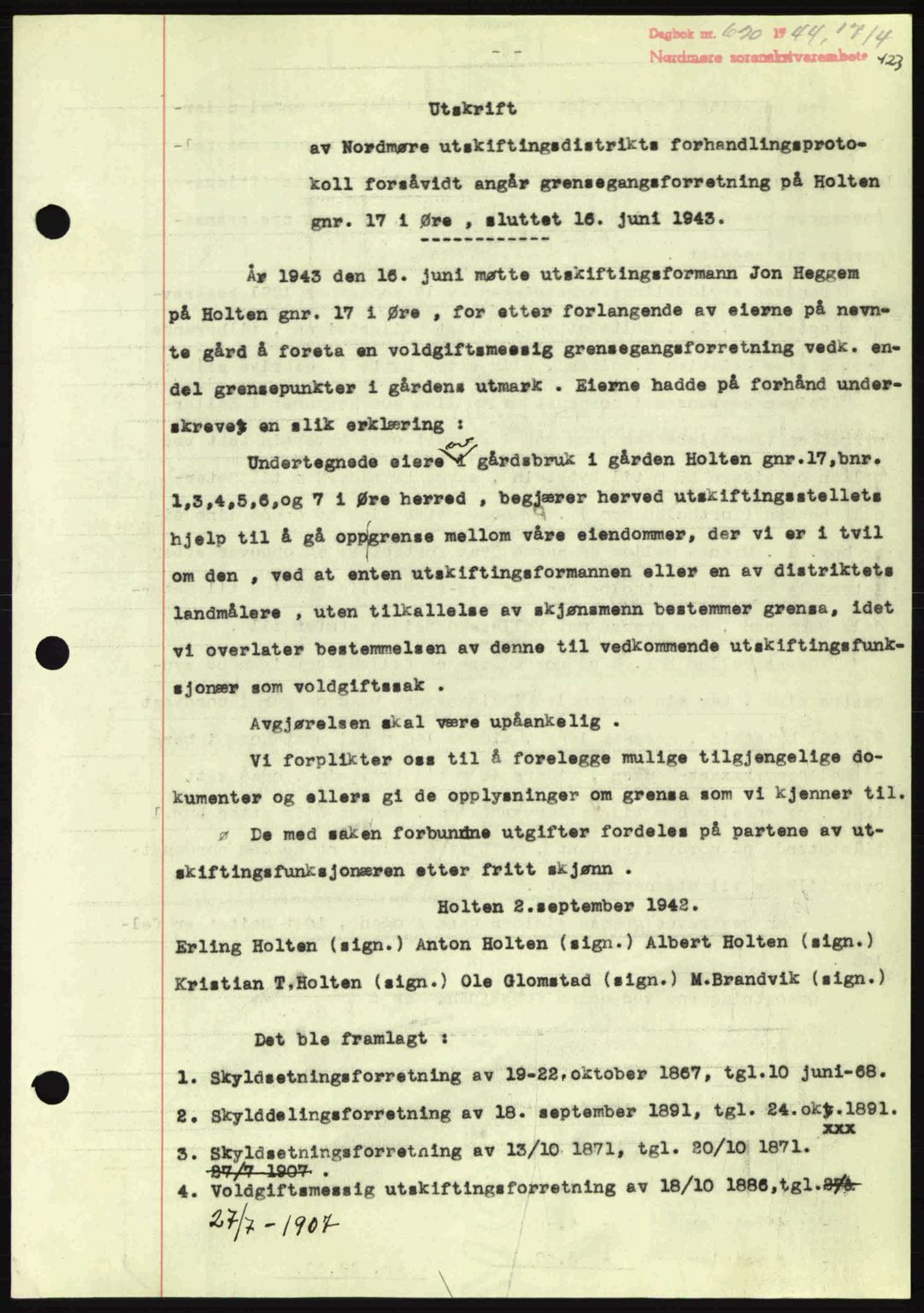 Nordmøre sorenskriveri, AV/SAT-A-4132/1/2/2Ca: Mortgage book no. A97, 1944-1944, Diary no: : 620/1944