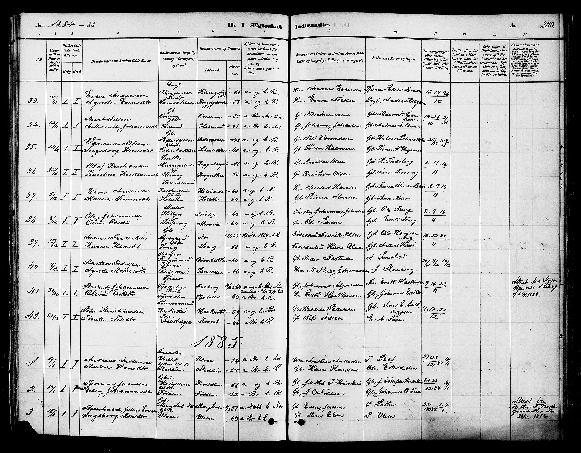 Ringsaker prestekontor, SAH/PREST-014/K/Ka/L0012: Parish register (official) no. 12, 1879-1890, p. 250