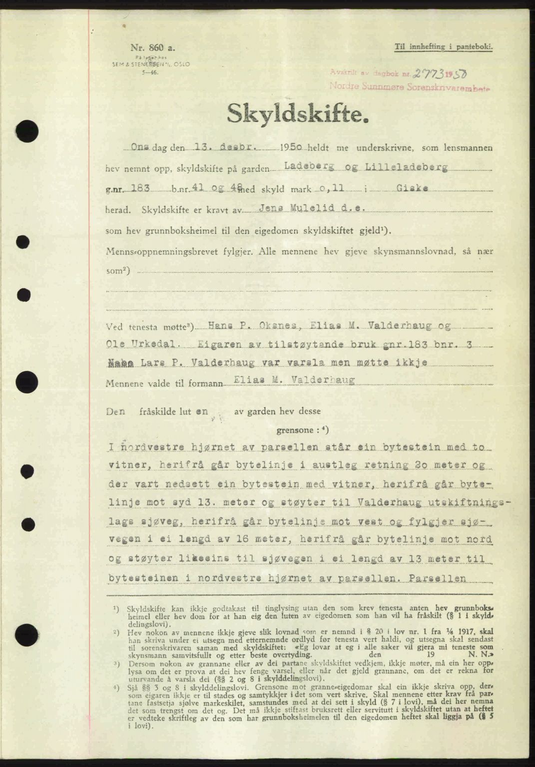 Nordre Sunnmøre sorenskriveri, AV/SAT-A-0006/1/2/2C/2Ca: Mortgage book no. A36, 1950-1950, Diary no: : 2773/1950