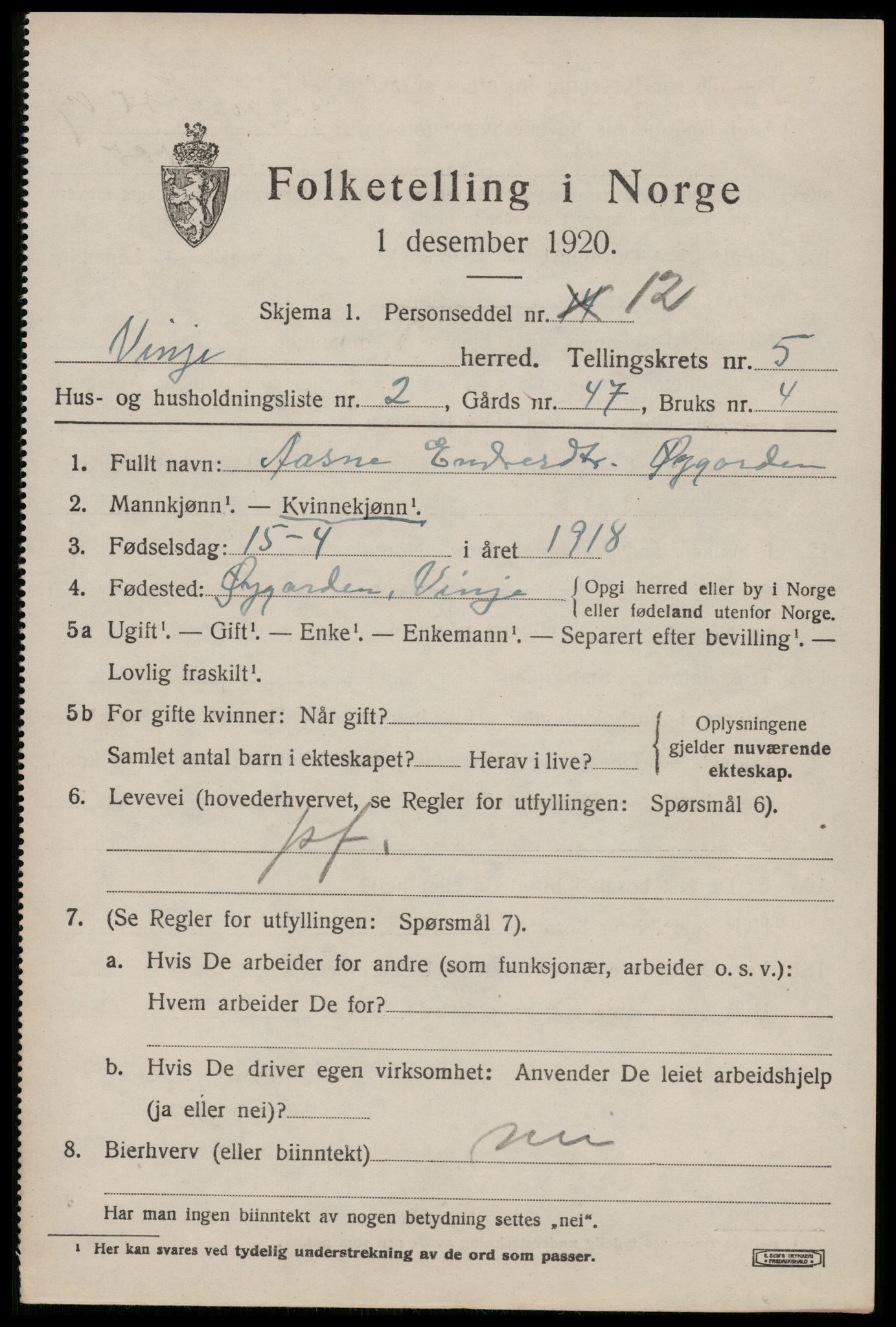 SAKO, 1920 census for Vinje, 1920, p. 1637