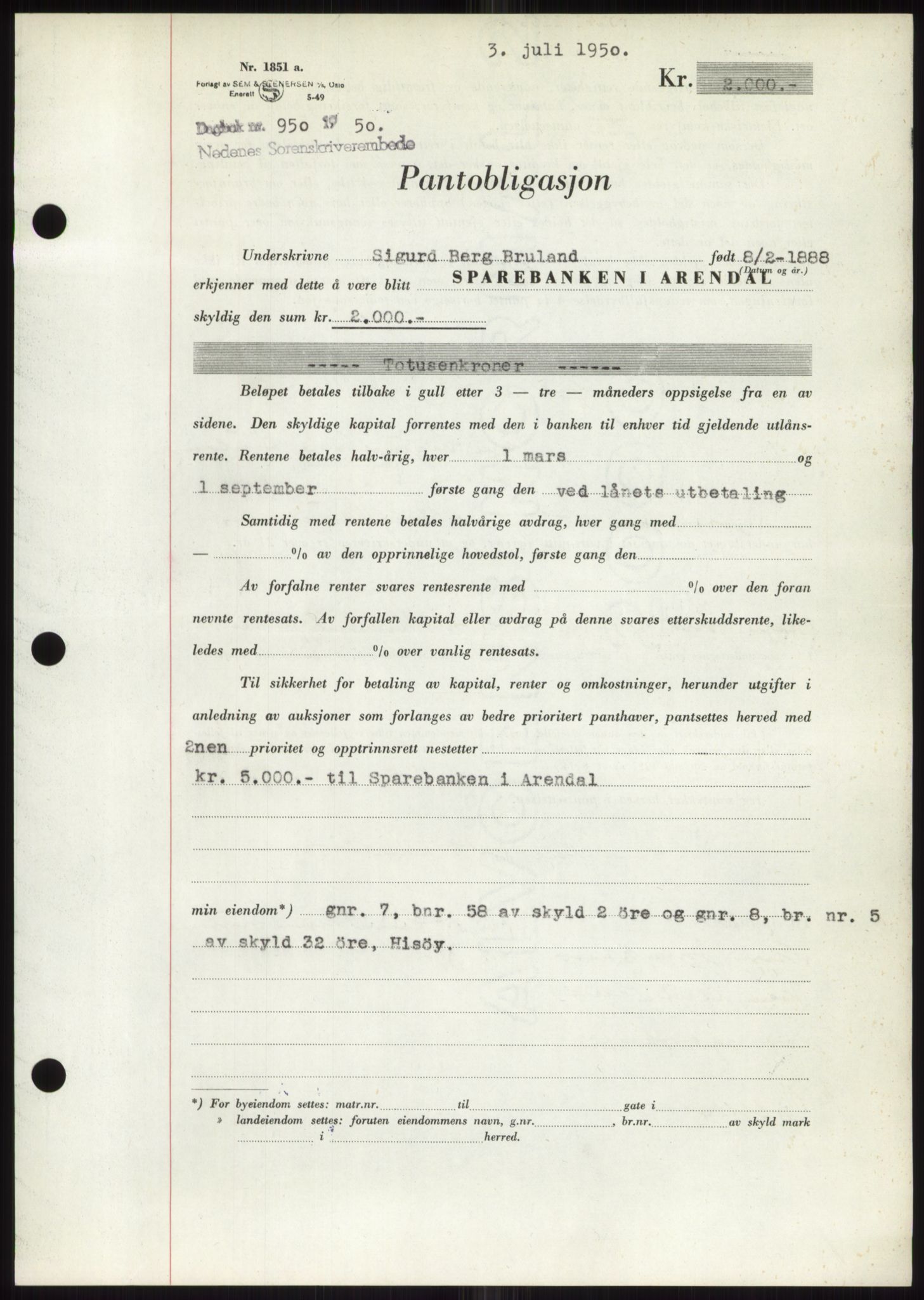 Nedenes sorenskriveri, AV/SAK-1221-0006/G/Gb/Gbb/L0007: Mortgage book no. B7, 1949-1950, Diary no: : 950/1950