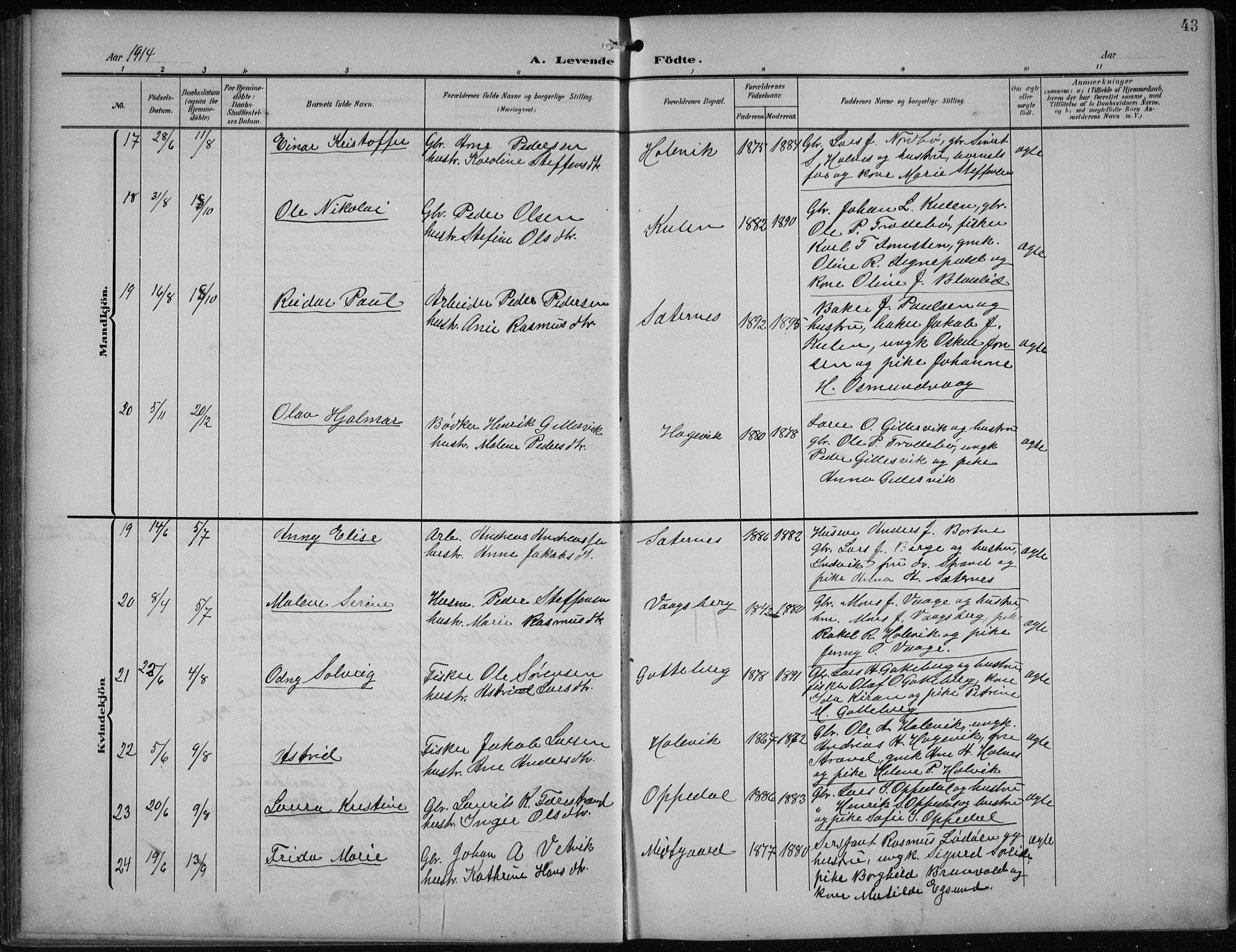 Vågsøy sokneprestembete, AV/SAB-A-81601/H/Hab: Parish register (copy) no. B 1, 1906-1934, p. 43