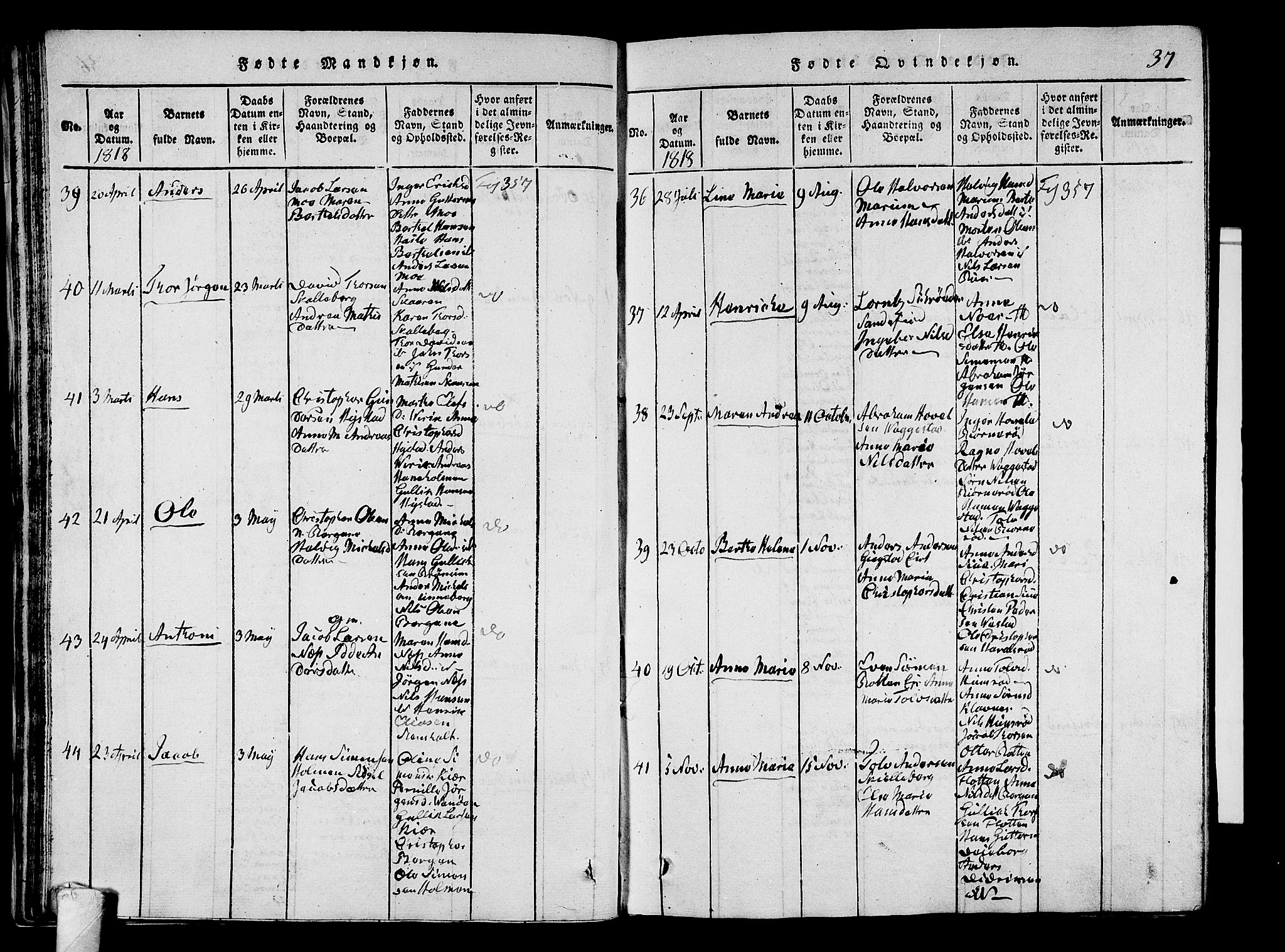 Sandar kirkebøker, SAKO/A-243/G/Ga/L0001: Parish register (copy) no. 1, 1814-1835, p. 37