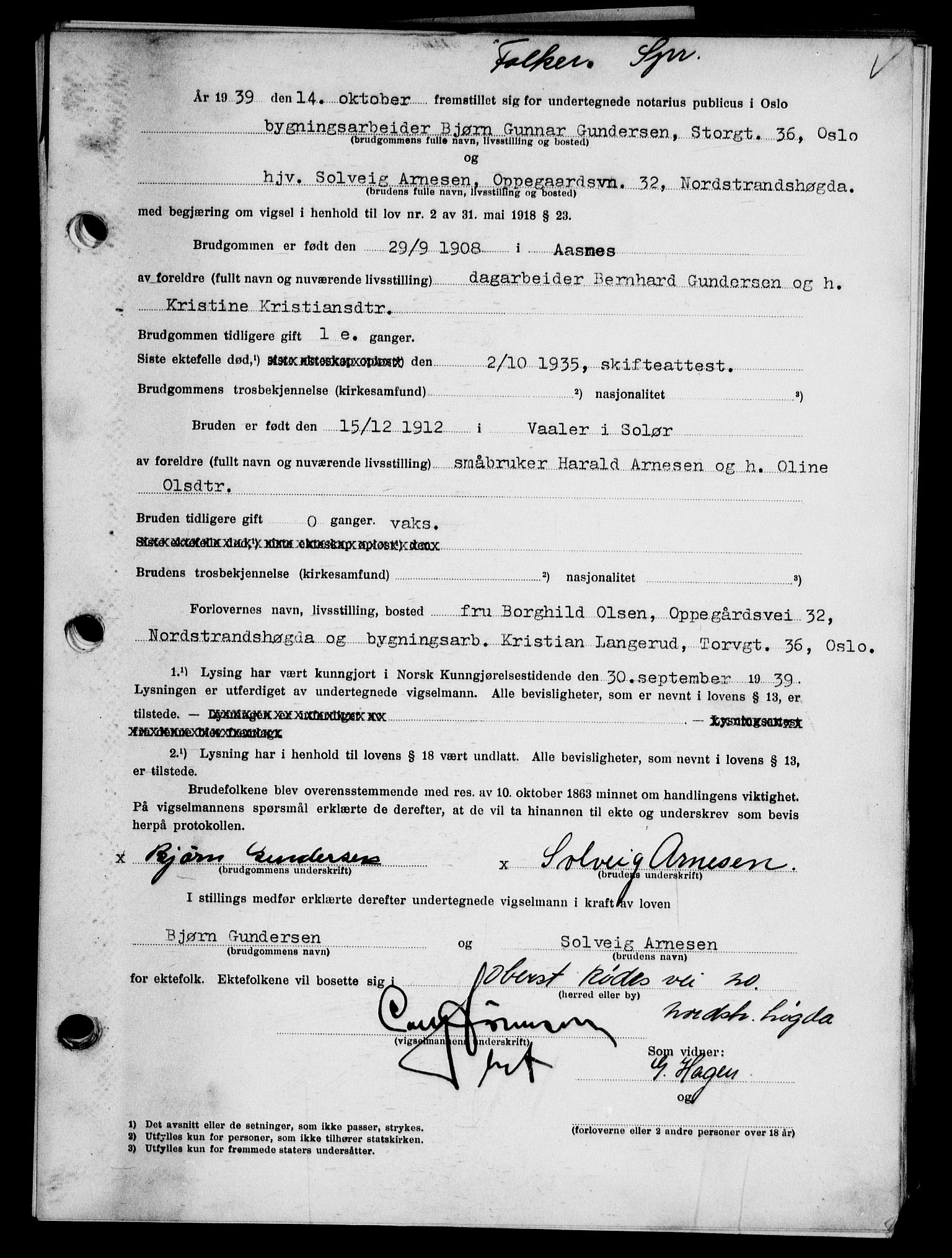 Oslo byfogd avd. I, AV/SAO-A-10220/L/Lb/Lbb/L0033: Notarialprotokoll, rekke II: Vigsler, 1939-1940