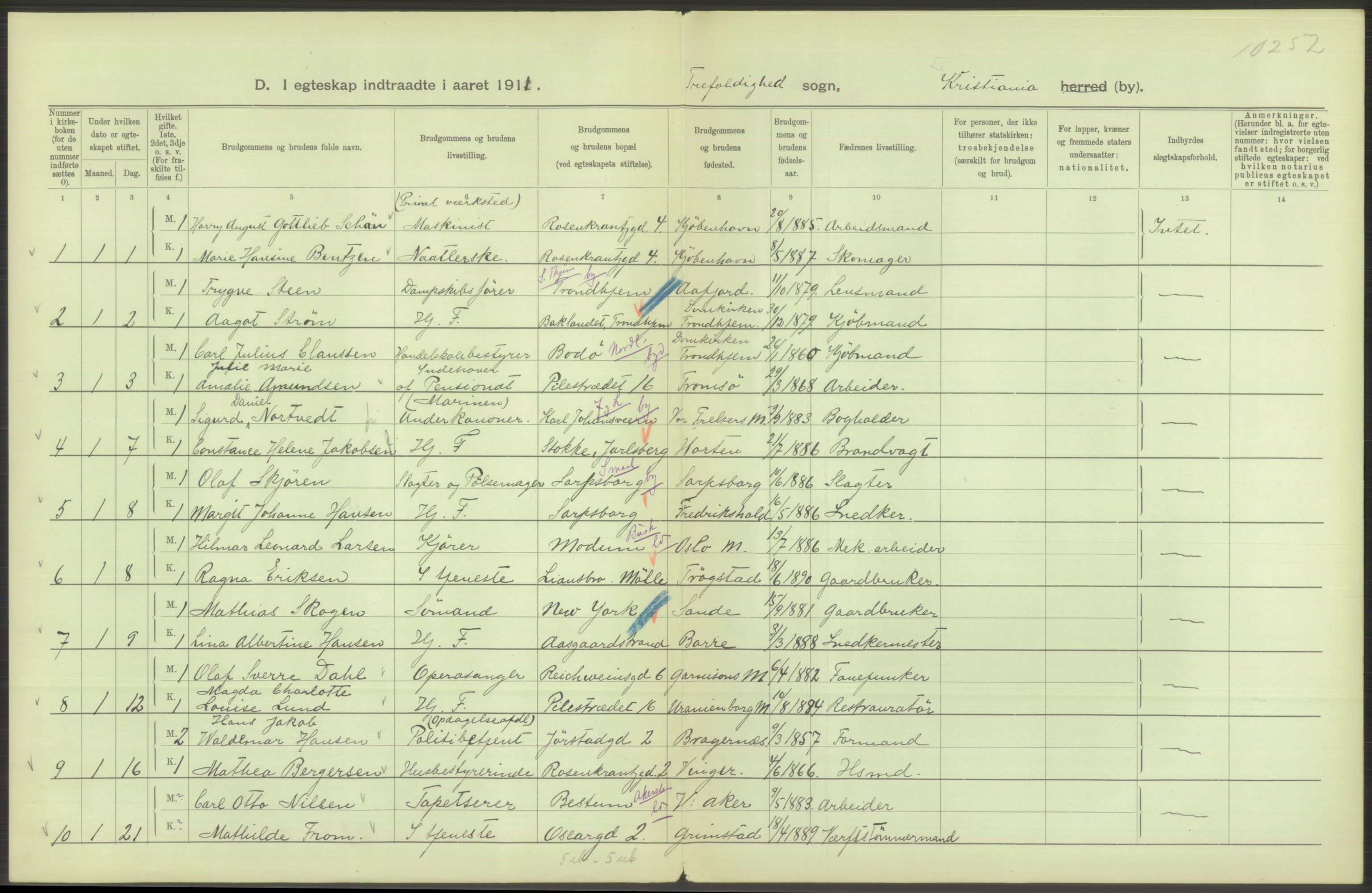 Statistisk sentralbyrå, Sosiodemografiske emner, Befolkning, AV/RA-S-2228/D/Df/Dfb/Dfba/L0008: Kristiania: Gifte, 1911, p. 542