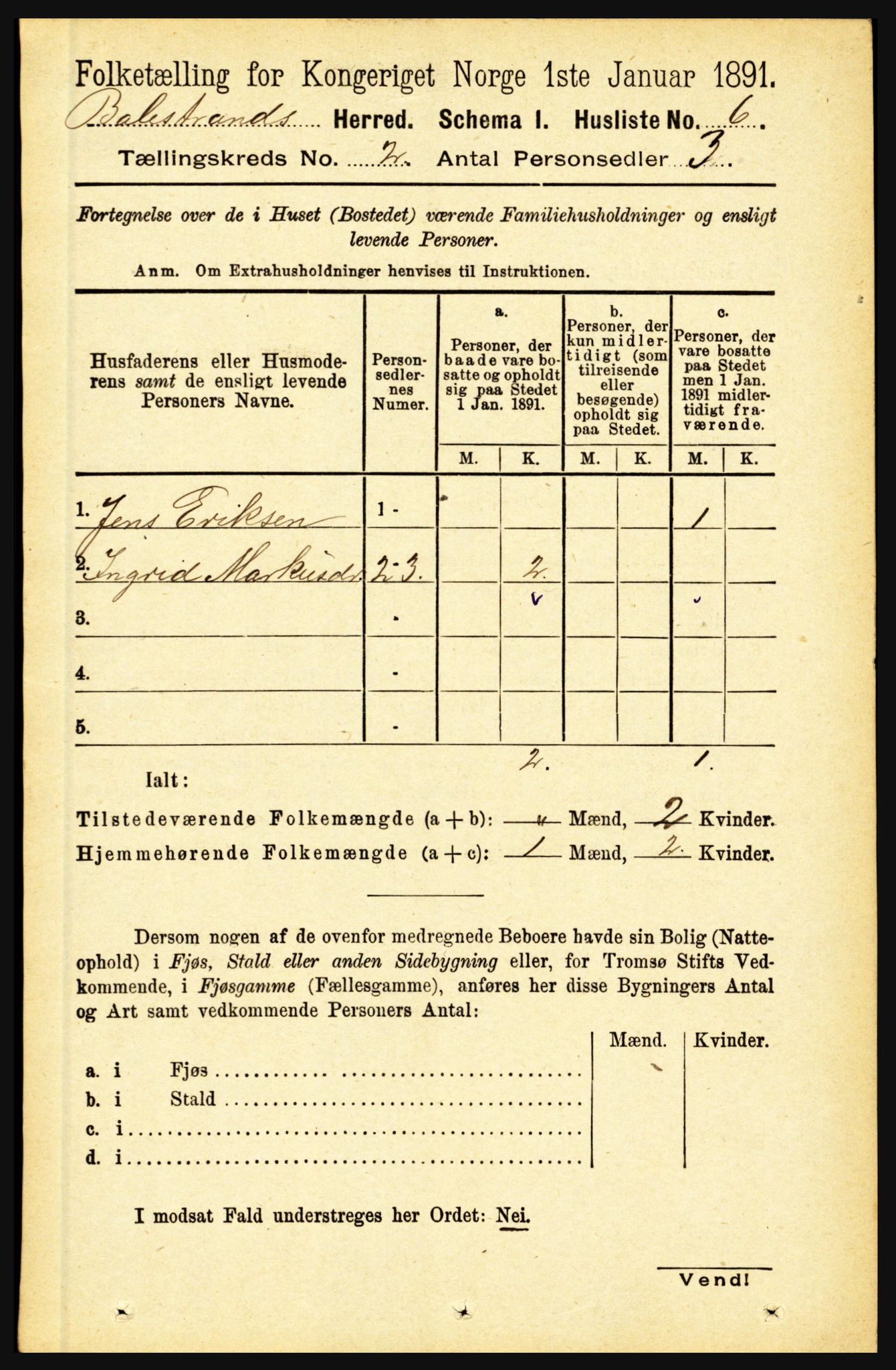 RA, 1891 census for 1418 Balestrand, 1891, p. 227