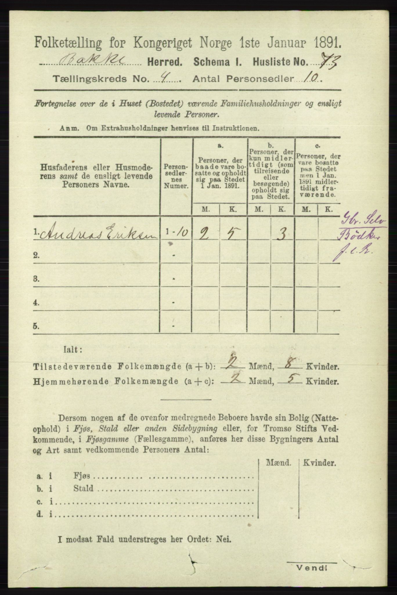 RA, 1891 census for 1045 Bakke, 1891, p. 616