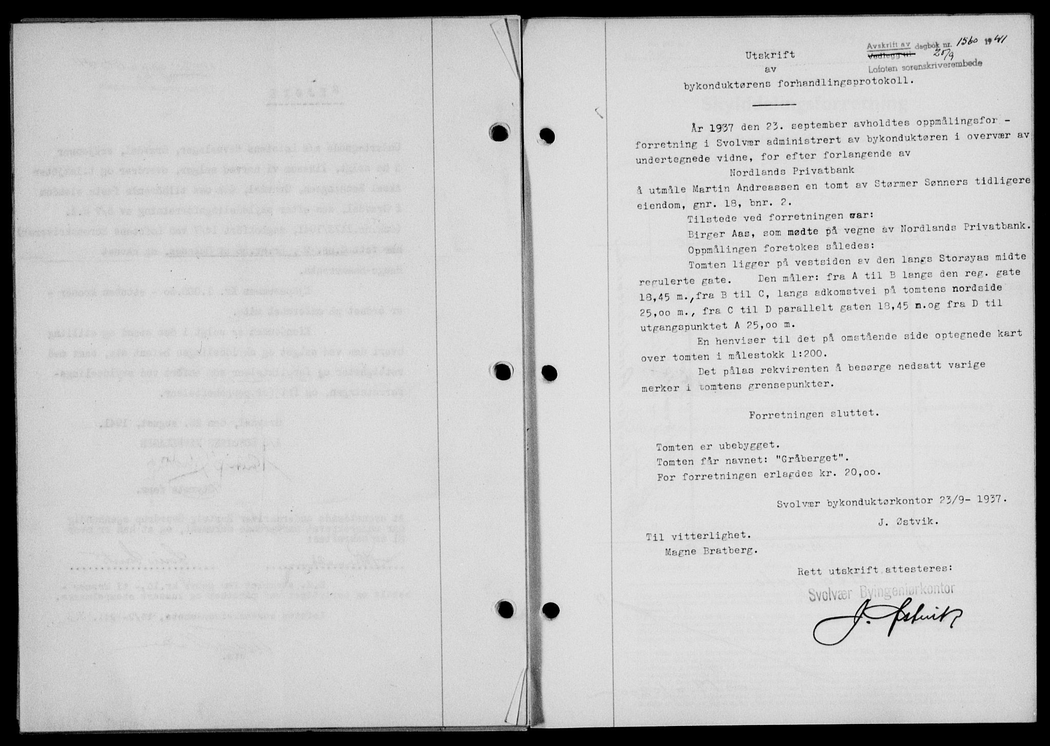 Lofoten sorenskriveri, SAT/A-0017/1/2/2C/L0008a: Mortgage book no. 8a, 1940-1941, Diary no: : 1560/1941