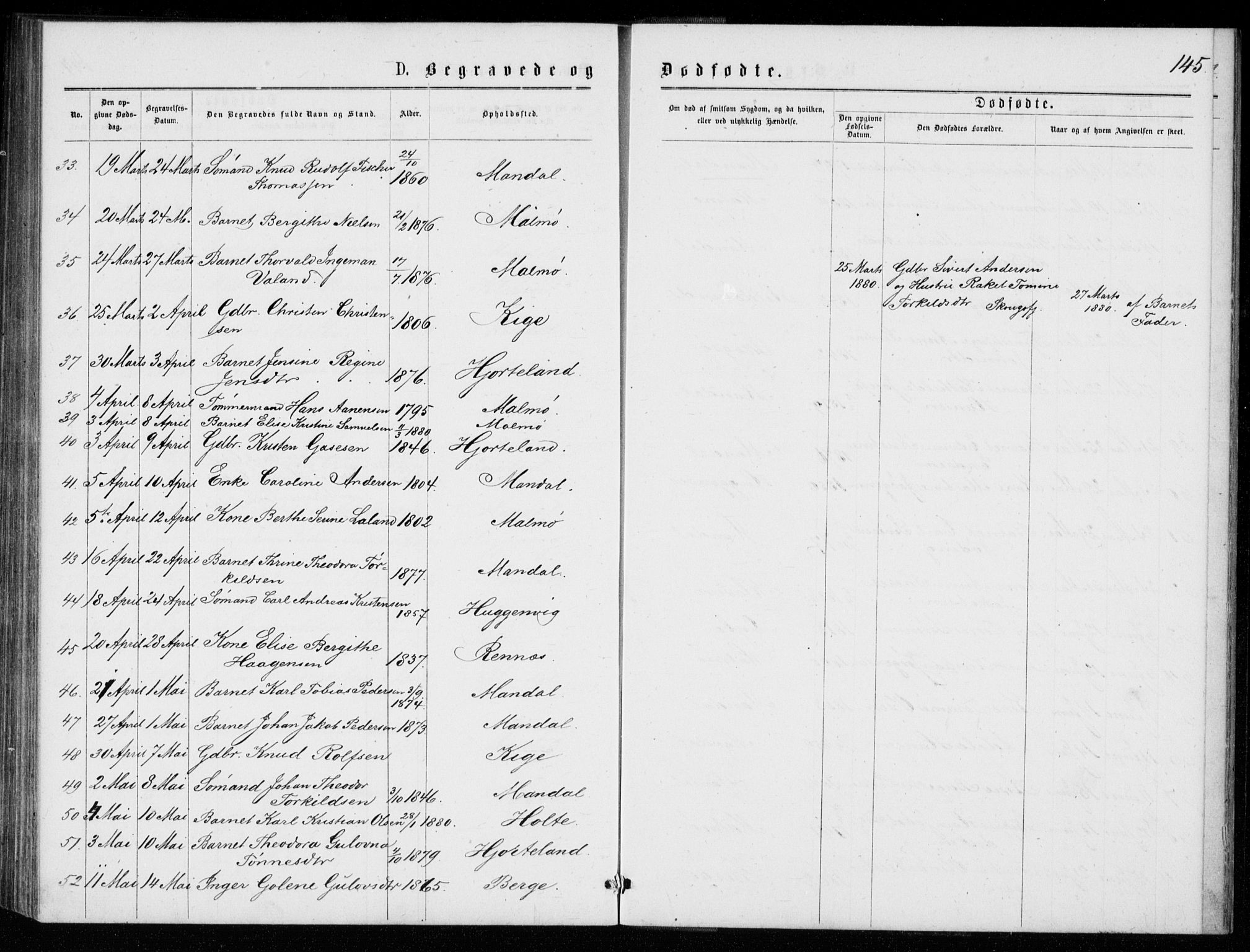 Mandal sokneprestkontor, AV/SAK-1111-0030/F/Fb/Fba/L0010: Parish register (copy) no. B 4, 1876-1880, p. 145