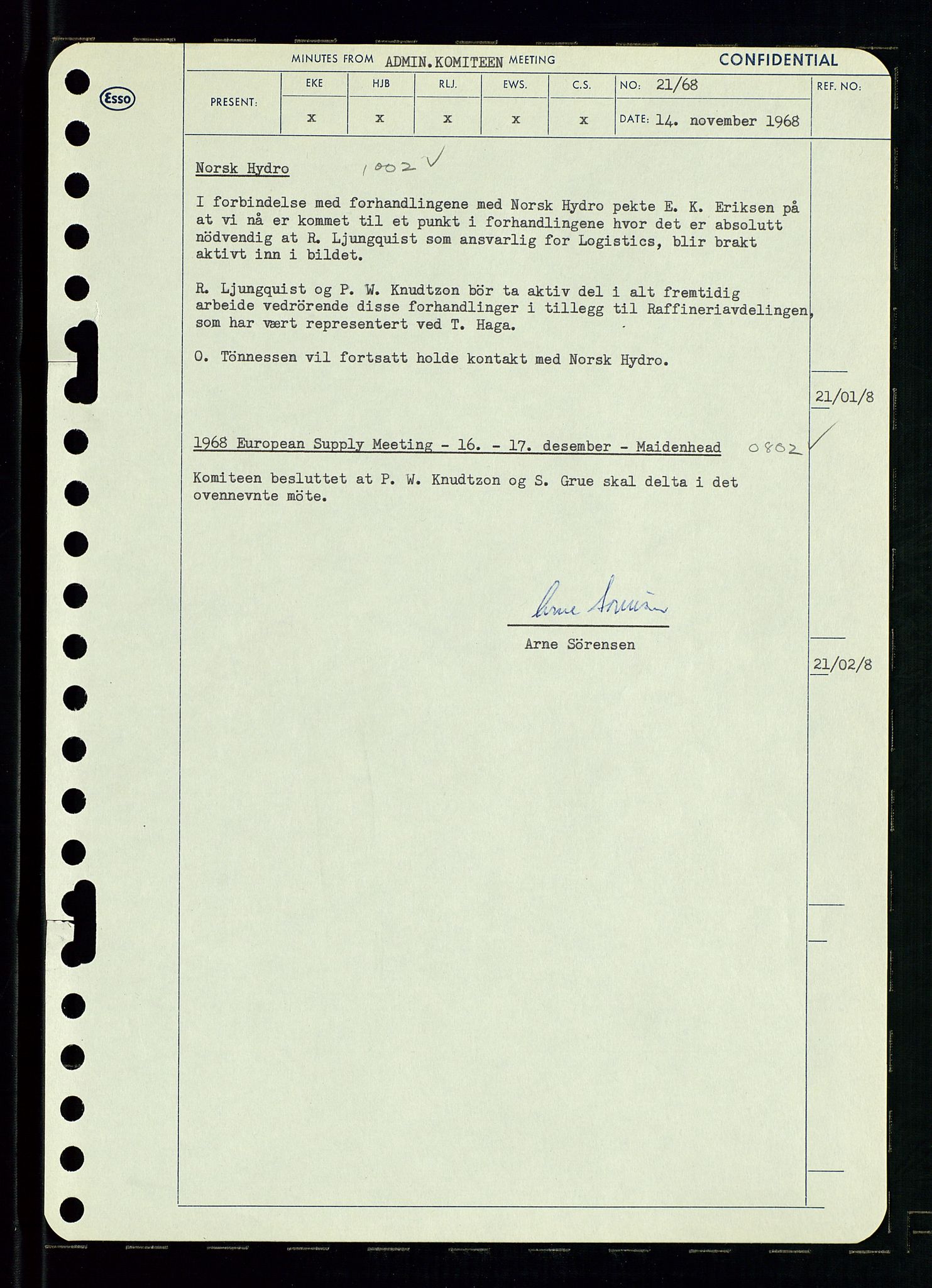 Pa 0982 - Esso Norge A/S, AV/SAST-A-100448/A/Aa/L0002/0004: Den administrerende direksjon Board minutes (styrereferater) / Den administrerende direksjon Board minutes (styrereferater), 1968, p. 103