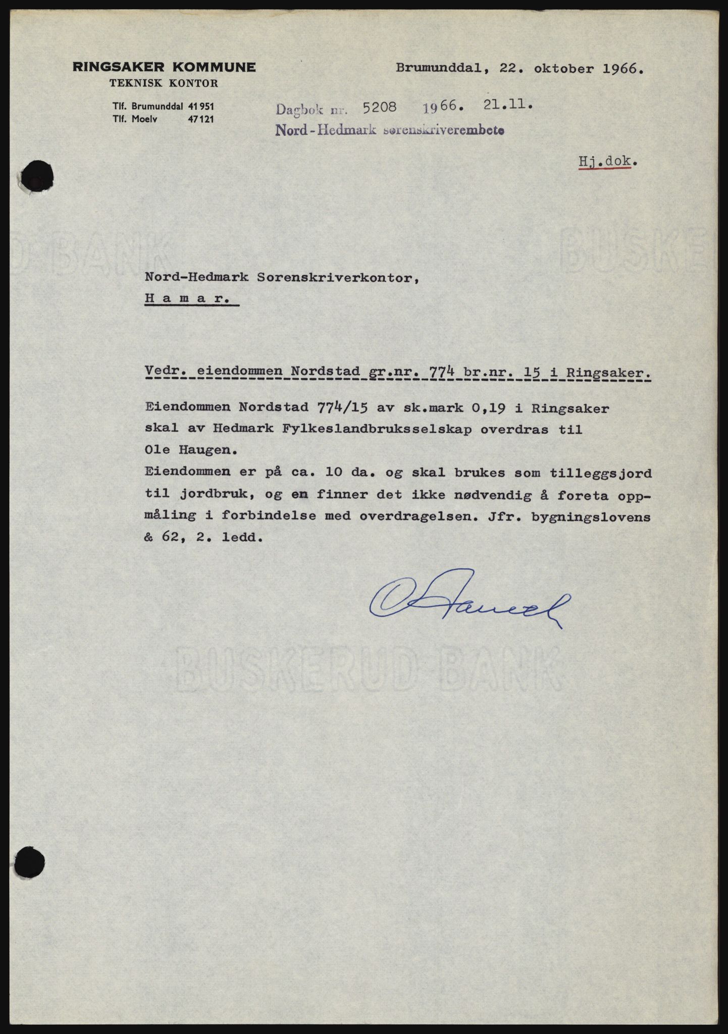 Nord-Hedmark sorenskriveri, SAH/TING-012/H/Hc/L0024: Mortgage book no. 24, 1966-1966, Diary no: : 5208/1966