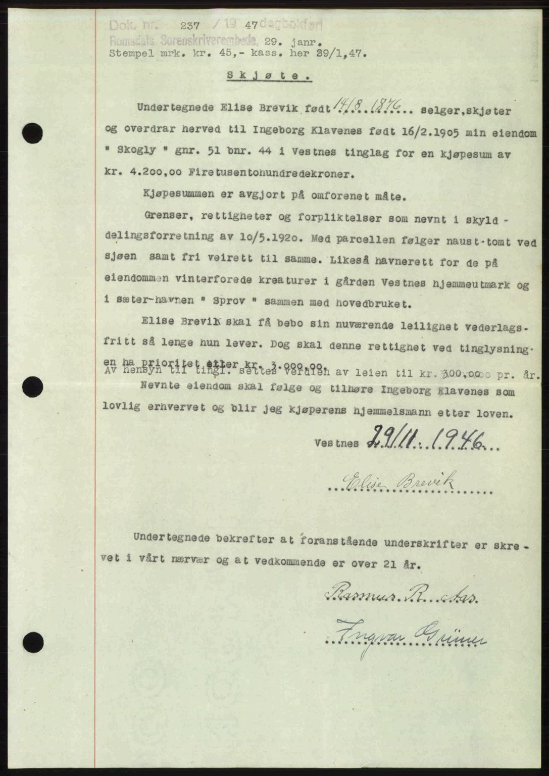 Romsdal sorenskriveri, AV/SAT-A-4149/1/2/2C: Mortgage book no. A22, 1947-1947, Diary no: : 237/1947