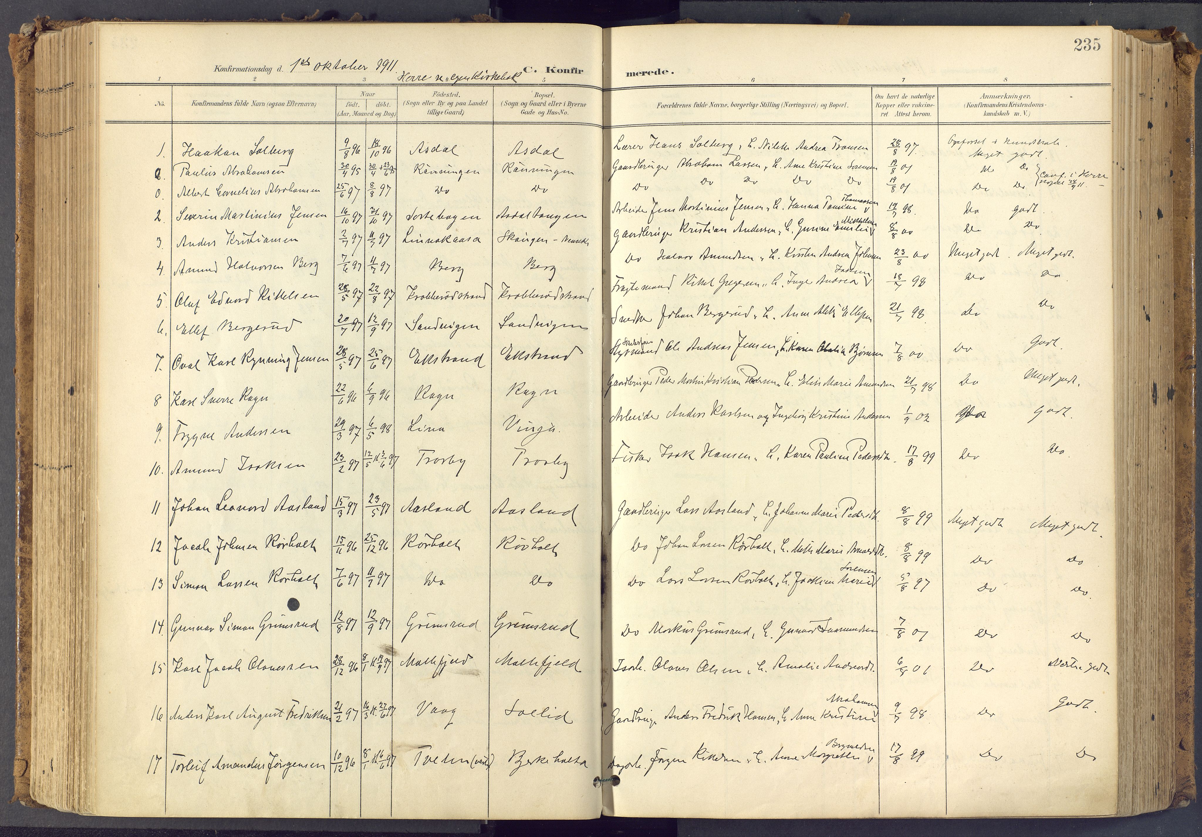 Bamble kirkebøker, SAKO/A-253/F/Fa/L0009: Parish register (official) no. I 9, 1901-1917, p. 235