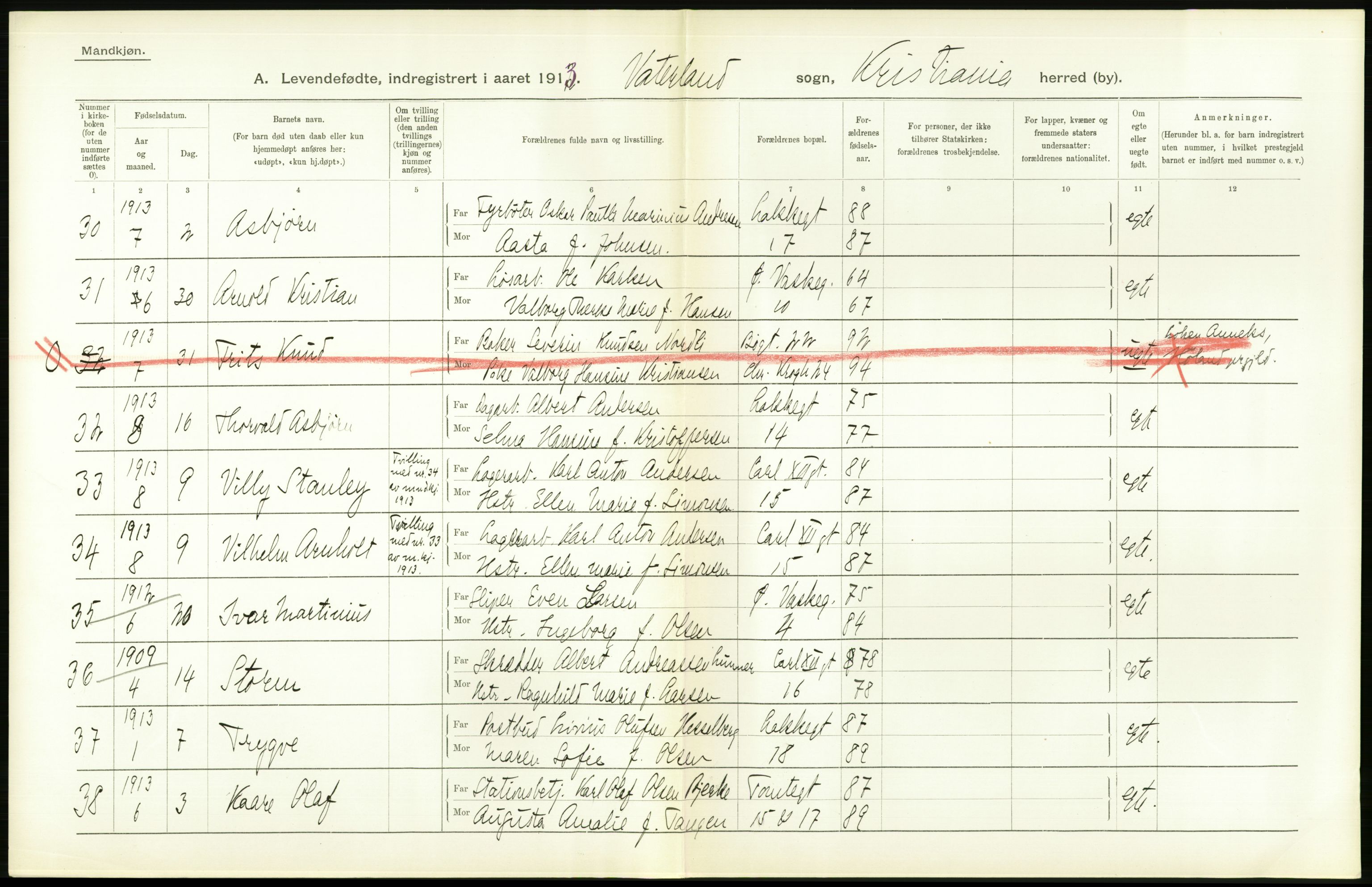 Statistisk sentralbyrå, Sosiodemografiske emner, Befolkning, RA/S-2228/D/Df/Dfb/Dfbc/L0007: Kristiania: Levendefødte menn og kvinner., 1913, p. 526