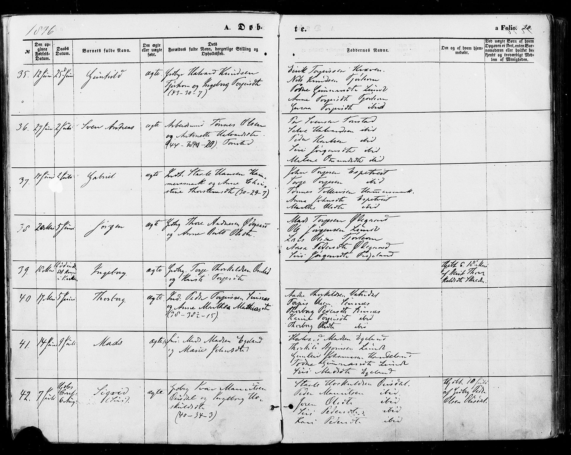 Sirdal sokneprestkontor, AV/SAK-1111-0036/F/Fa/Fab/L0003: Parish register (official) no. A 3, 1874-1886, p. 20