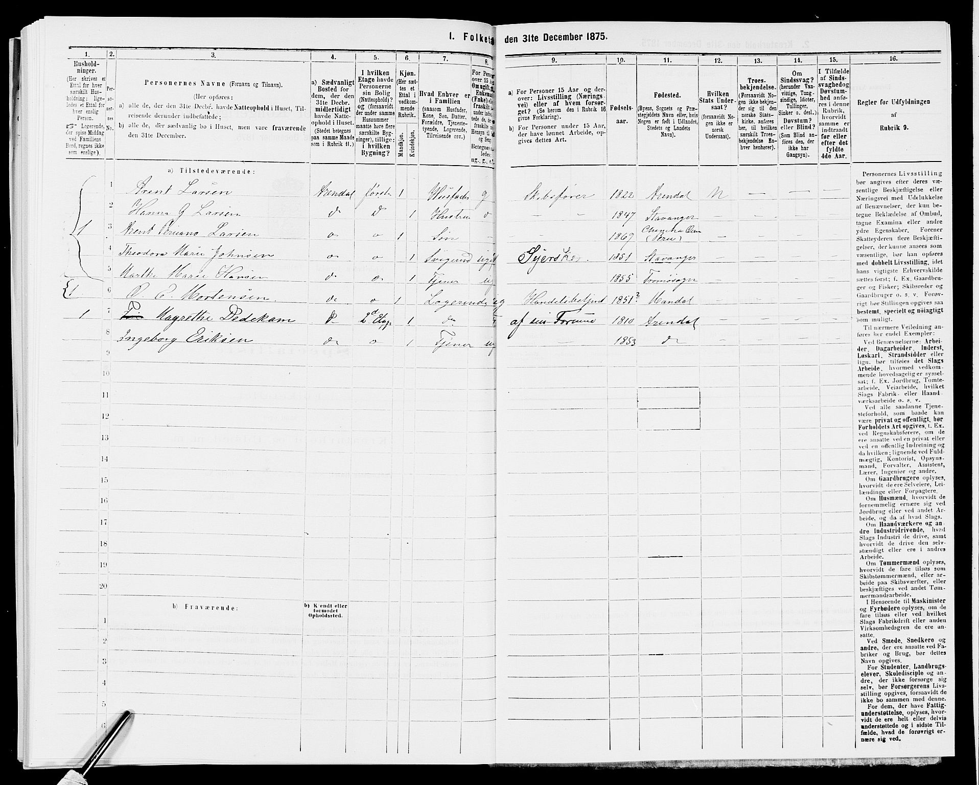 SAK, 1875 census for 0903P Arendal, 1875, p. 365