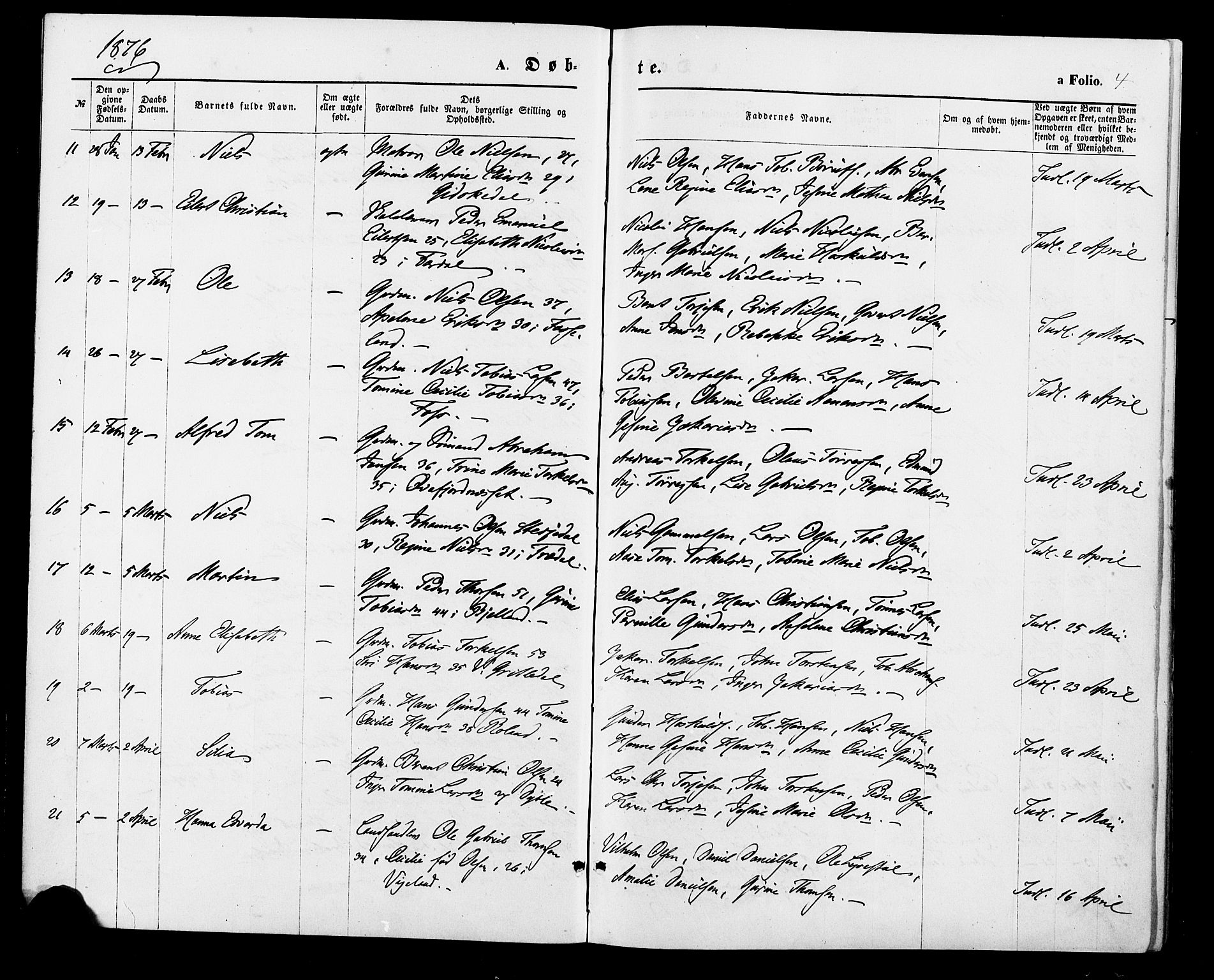 Sør-Audnedal sokneprestkontor, AV/SAK-1111-0039/F/Fa/Fab/L0008: Parish register (official) no. A 8, 1876-1881, p. 4