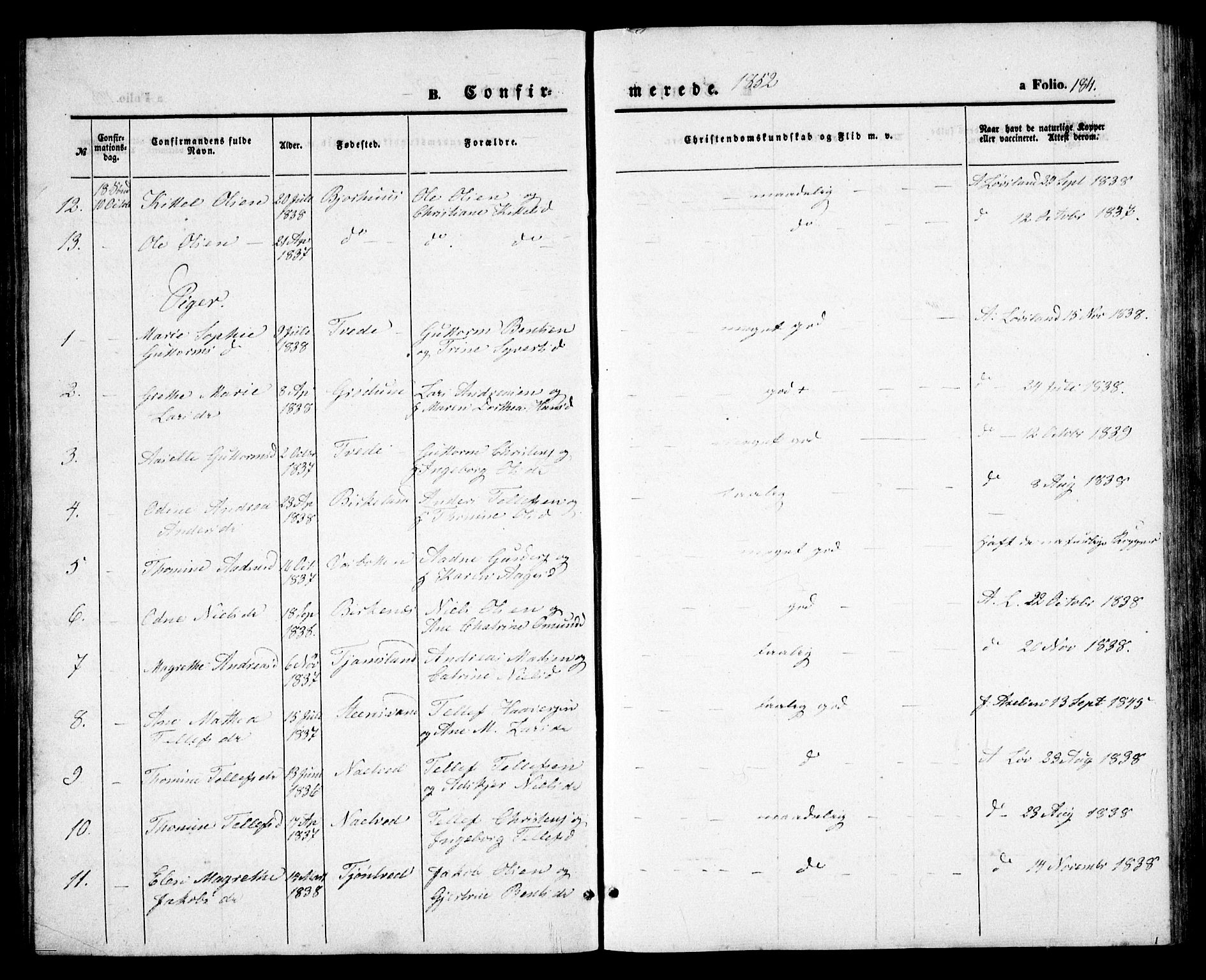 Birkenes sokneprestkontor, SAK/1111-0004/F/Fb/L0002: Parish register (copy) no. B 2, 1849-1876, p. 184