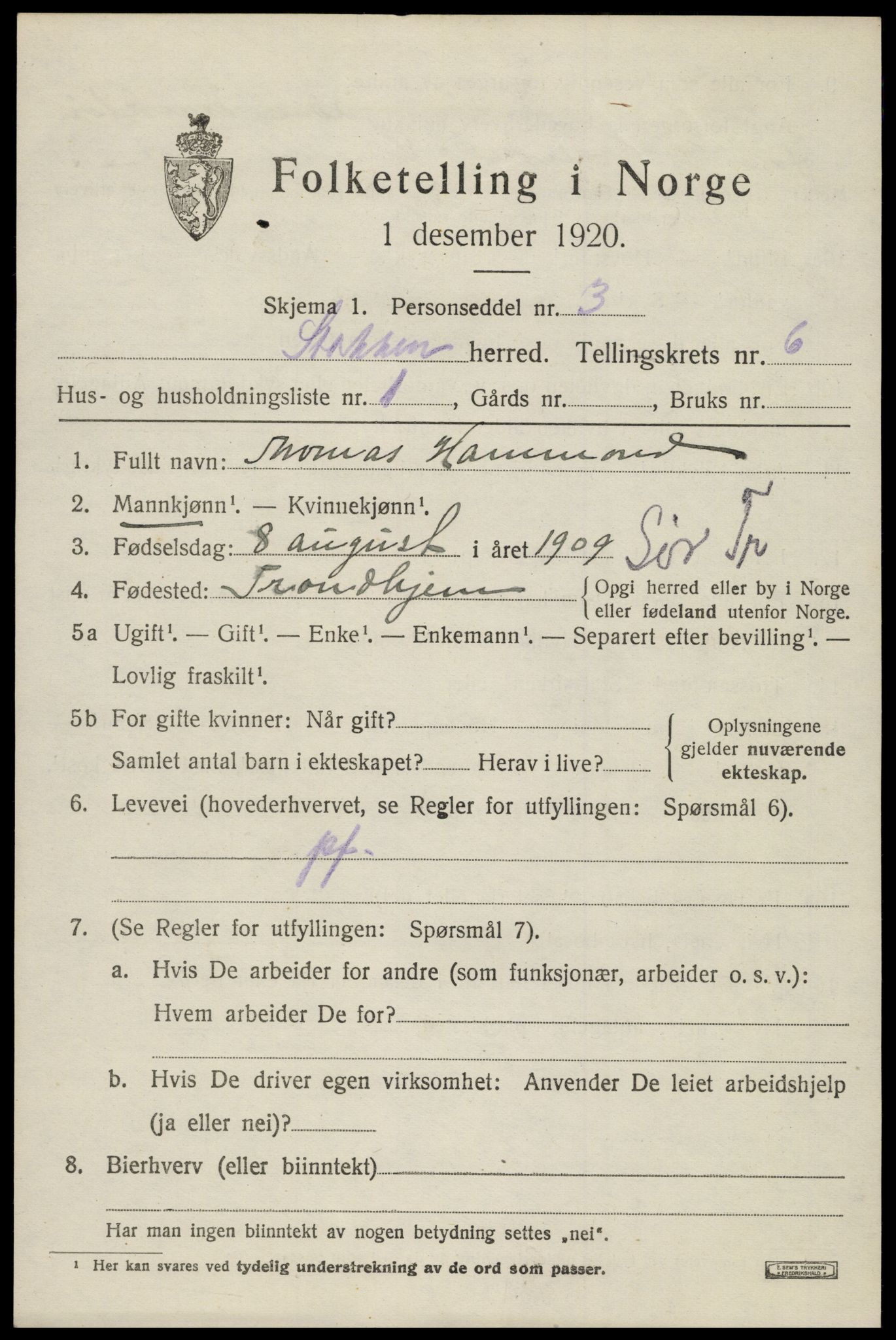 SAK, 1920 census for Stokken, 1920, p. 3716