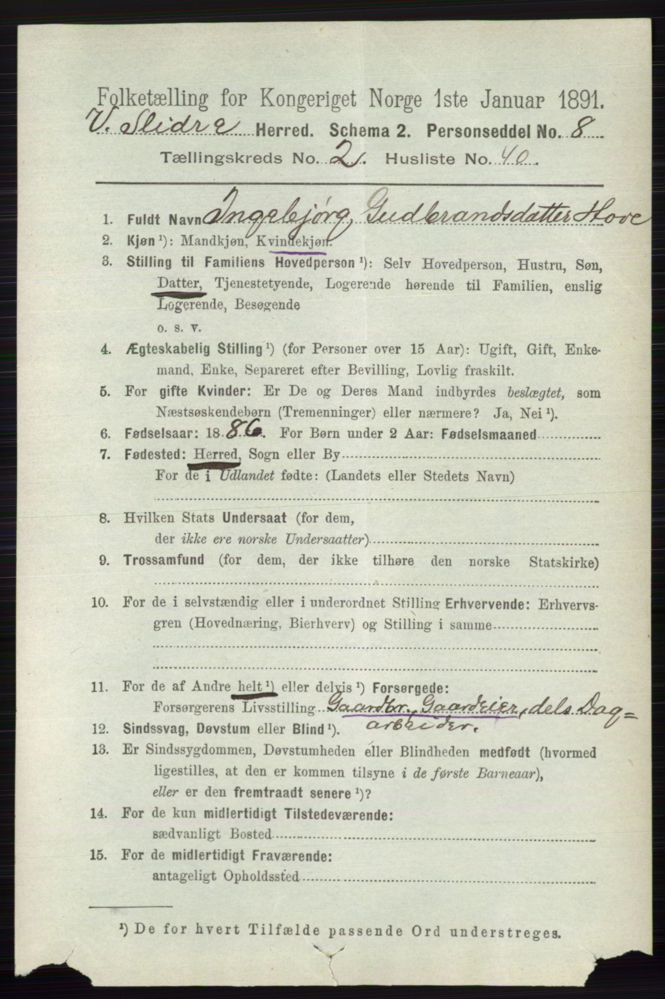 RA, 1891 census for 0543 Vestre Slidre, 1891, p. 760