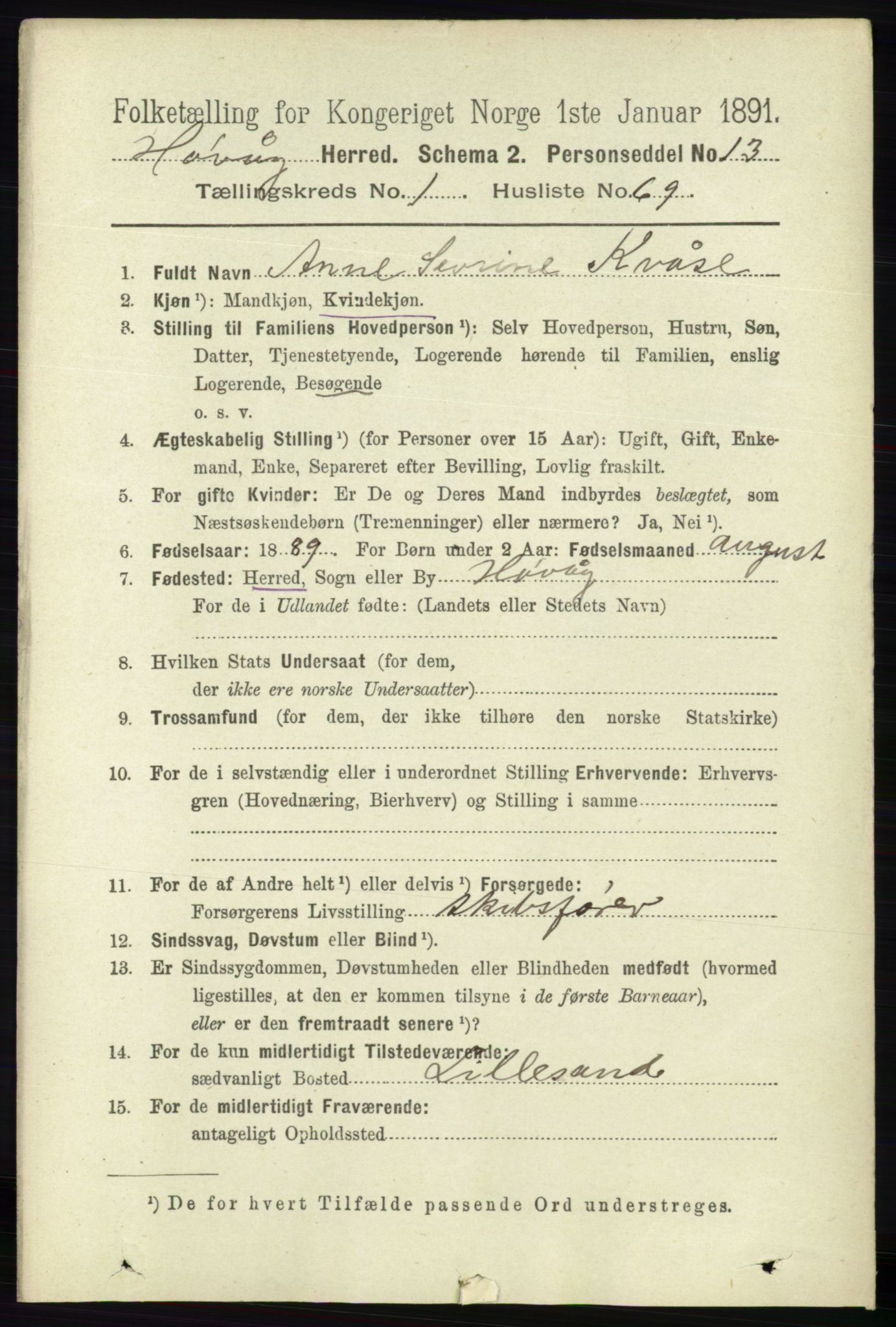 RA, 1891 census for 0927 Høvåg, 1891, p. 460