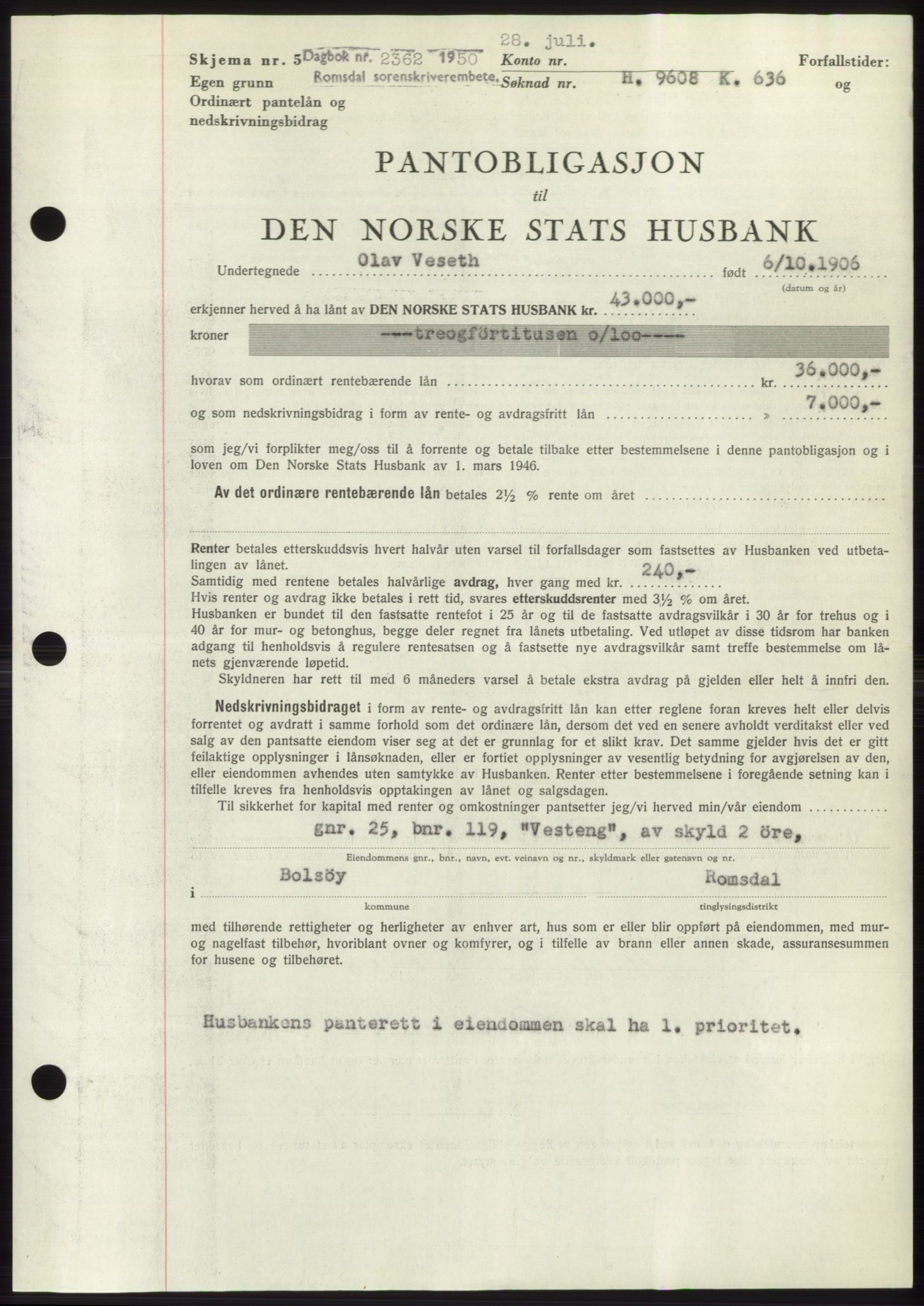 Romsdal sorenskriveri, AV/SAT-A-4149/1/2/2C: Mortgage book no. B5, 1949-1950, Diary no: : 2362/1950