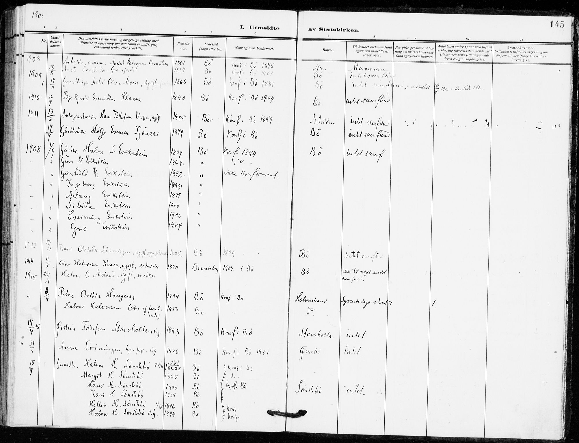 Bø kirkebøker, SAKO/A-257/F/Fa/L0013: Parish register (official) no. 13, 1909-1921, p. 145