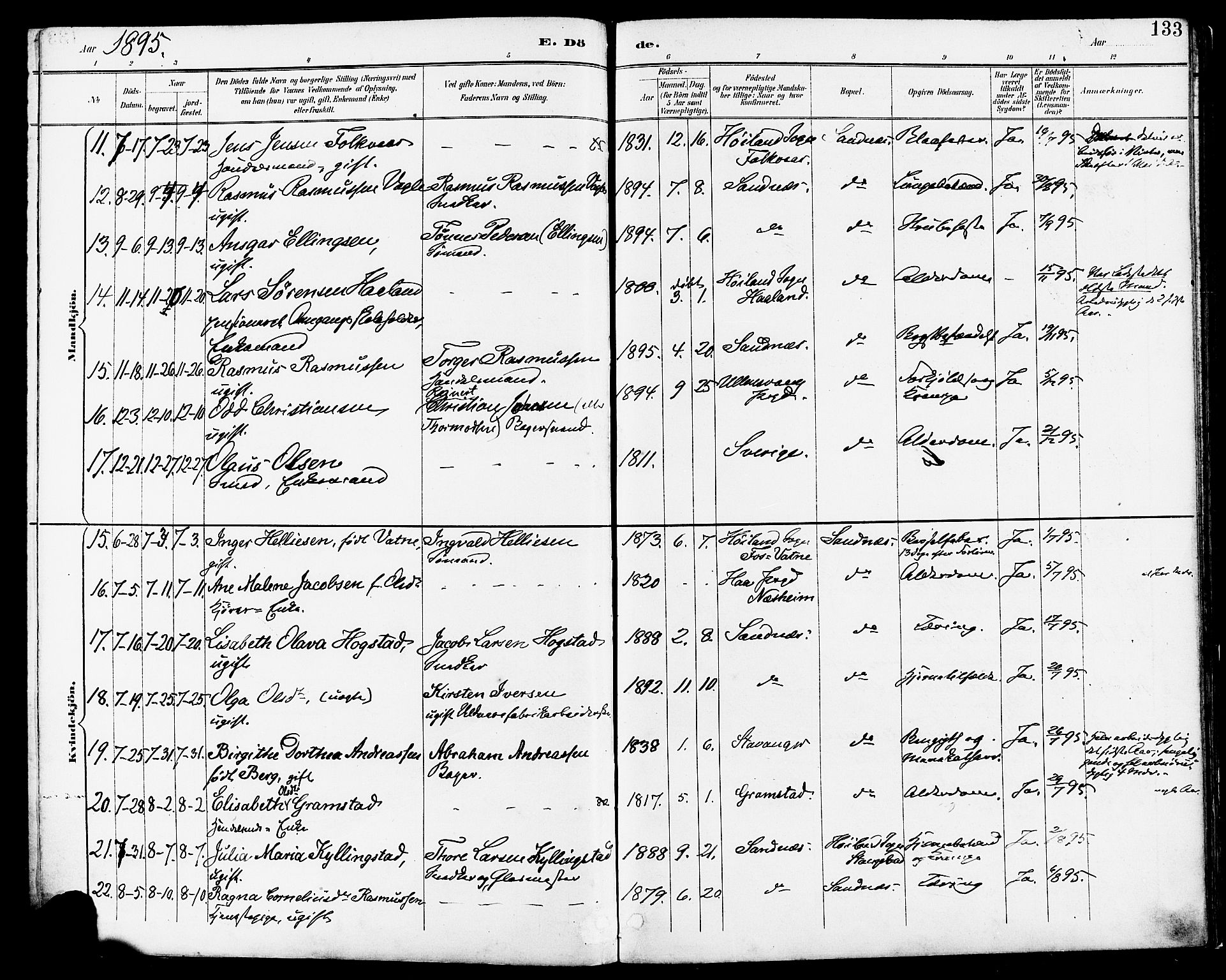 Høyland sokneprestkontor, AV/SAST-A-101799/001/30BA/L0014: Parish register (official) no. A 12, 1890-1898, p. 133
