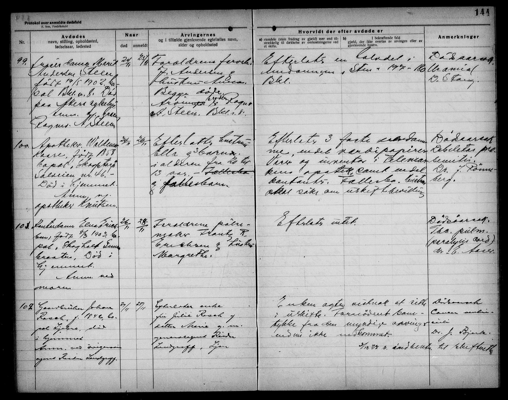 Aker kriminaldommer, skifte- og auksjonsforvalterembete, AV/SAO-A-10452/H/Hb/Hba/Hbad/L0001: Dødsfallsprotokoll for Nordstrand, 1922-1929, p. 144