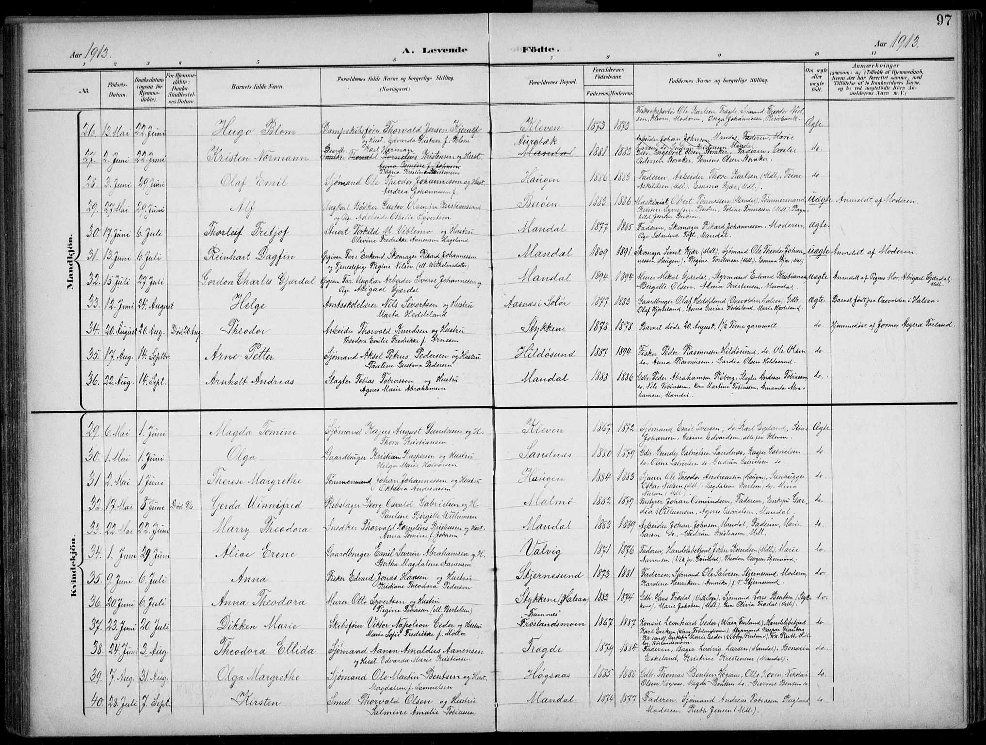 Mandal sokneprestkontor, AV/SAK-1111-0030/F/Fb/Fba/L0012: Parish register (copy) no. B 6, 1899-1918, p. 97