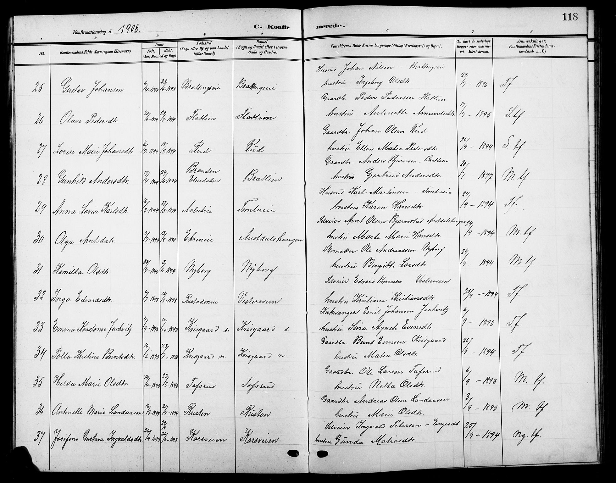 Biri prestekontor, AV/SAH-PREST-096/H/Ha/Hab/L0005: Parish register (copy) no. 5, 1906-1919, p. 118