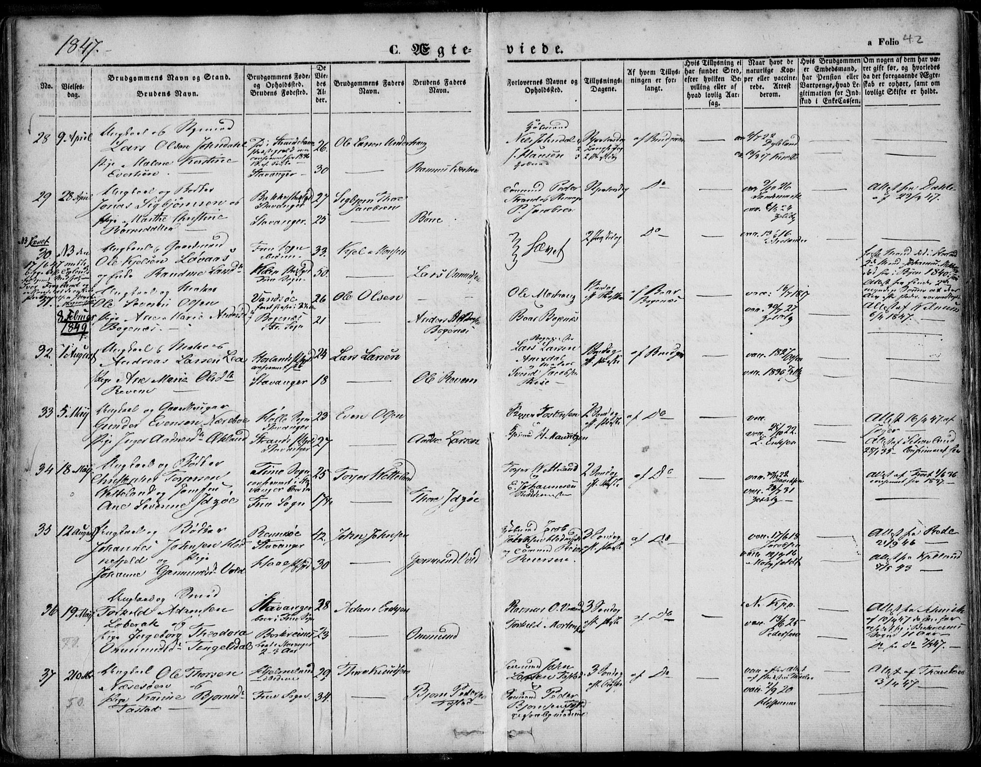 Domkirken sokneprestkontor, SAST/A-101812/001/30/30BA/L0015: Parish register (official) no. A 14, 1842-1857, p. 42