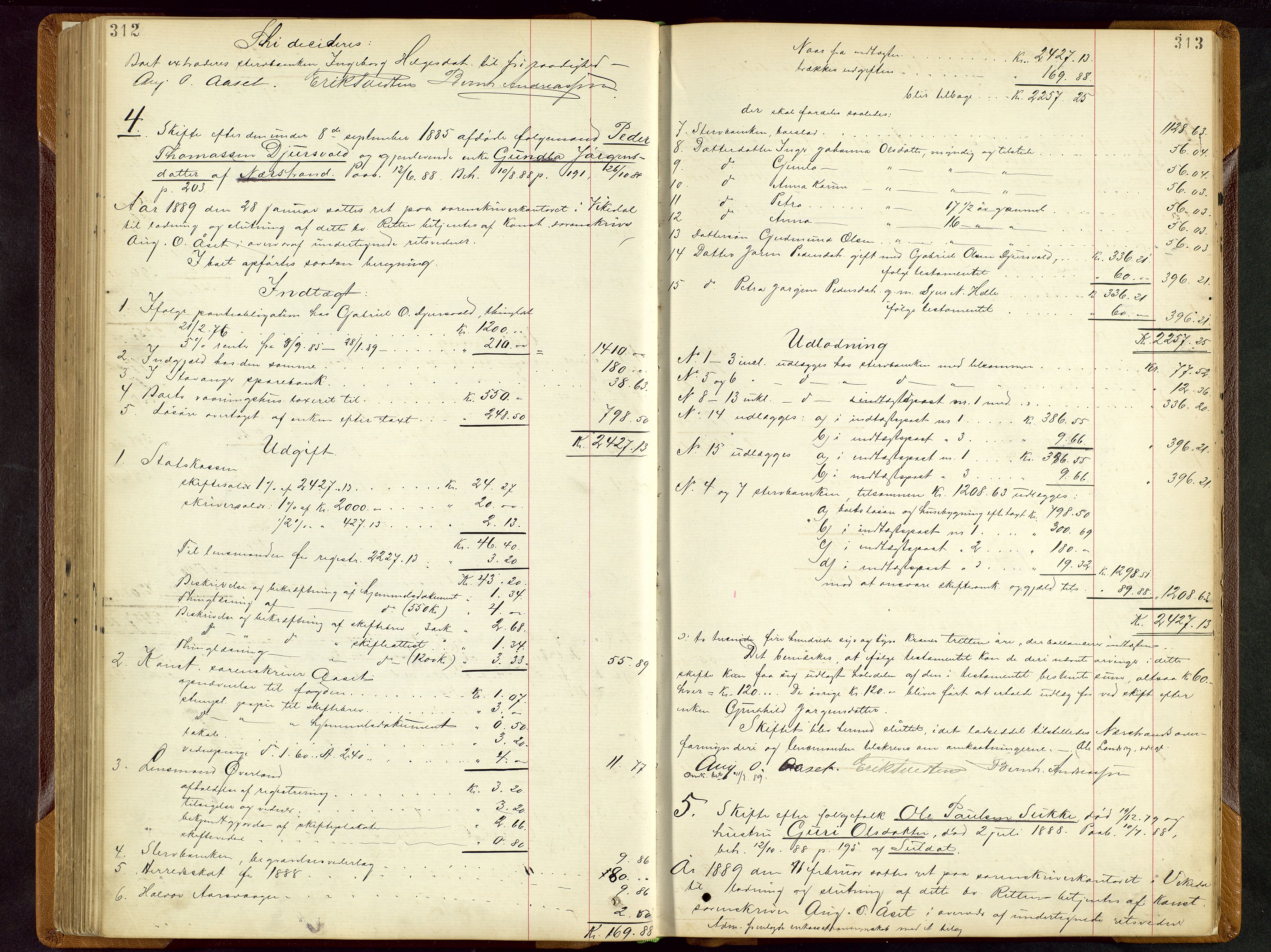 Ryfylke tingrett, AV/SAST-A-100055/001/IV/IVD/L0028: Skifteprotokoll, register i protokollen, 1885-1893, p. 312-313