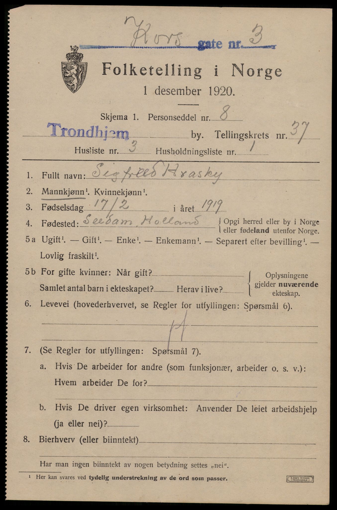 SAT, 1920 census for Trondheim, 1920, p. 84576