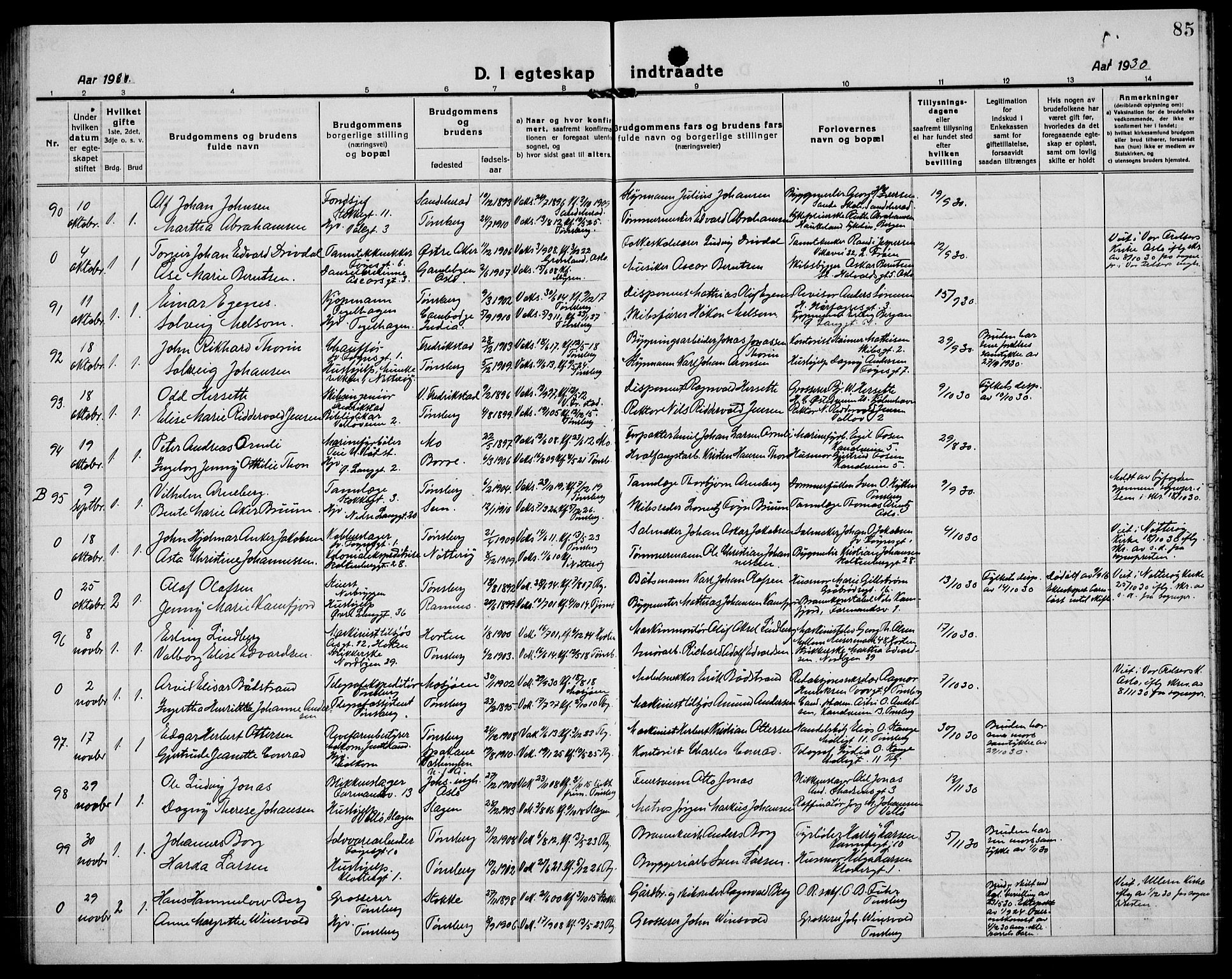 Tønsberg kirkebøker, AV/SAKO-A-330/G/Ga/L0016: Parish register (copy) no. 16, 1920-1933, p. 85