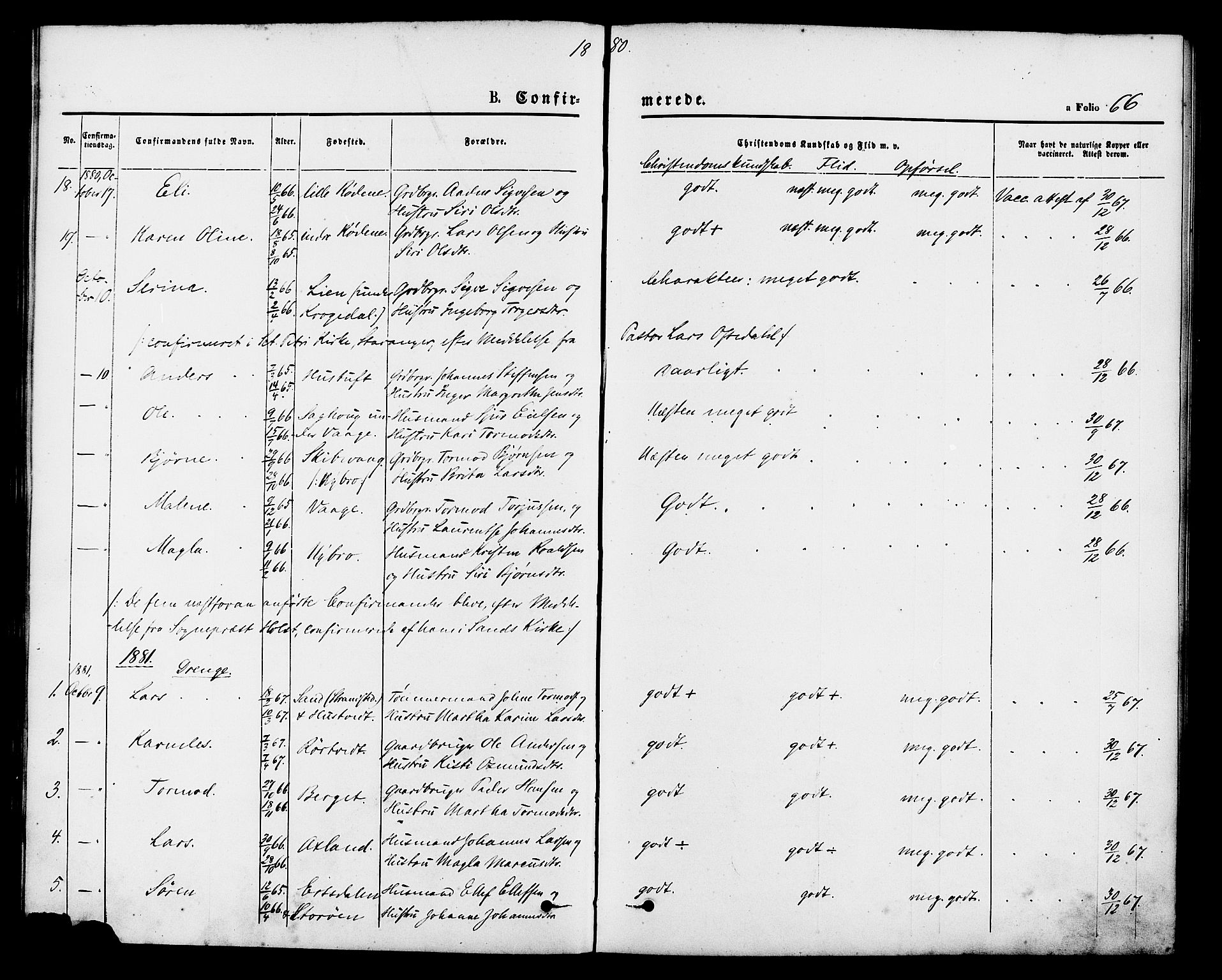 Vikedal sokneprestkontor, AV/SAST-A-101840/01/IV: Parish register (official) no. A 9, 1868-1885, p. 66