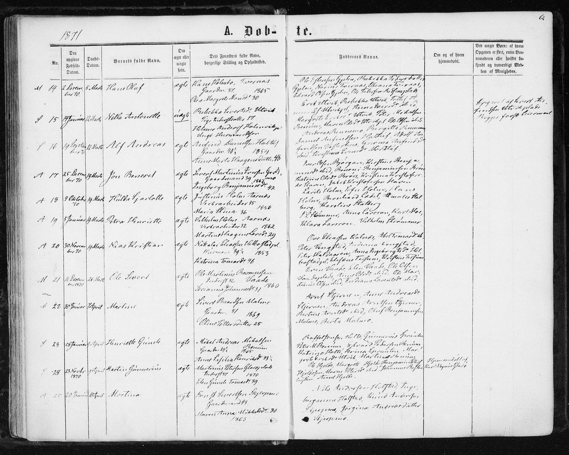 Ministerialprotokoller, klokkerbøker og fødselsregistre - Nord-Trøndelag, SAT/A-1458/741/L0394: Parish register (official) no. 741A08, 1864-1877, p. 62