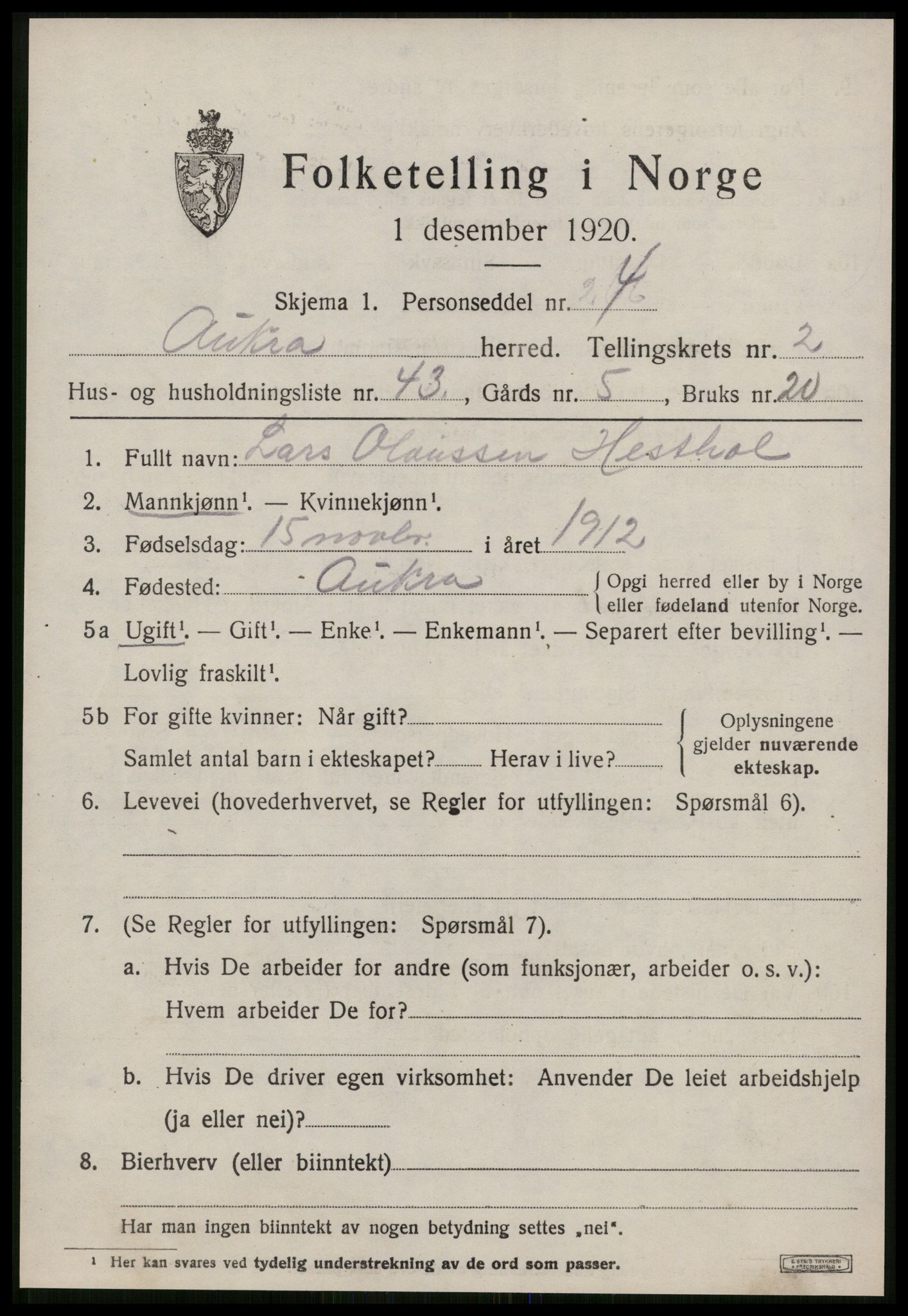 SAT, 1920 census for Aukra, 1920, p. 2153