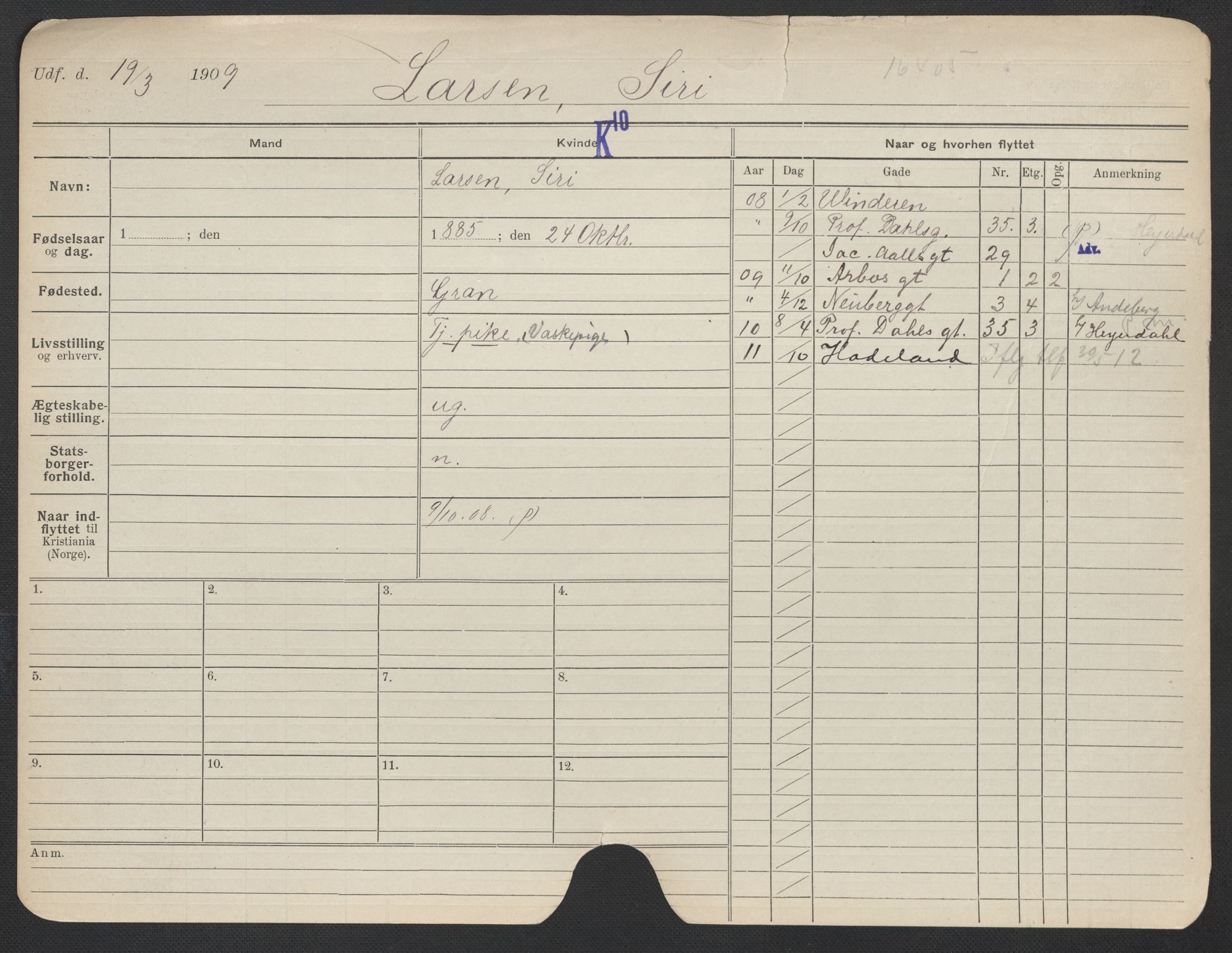 Oslo folkeregister, Registerkort, AV/SAO-A-11715/F/Fa/Fac/L0019: Kvinner, 1906-1914, p. 1154a