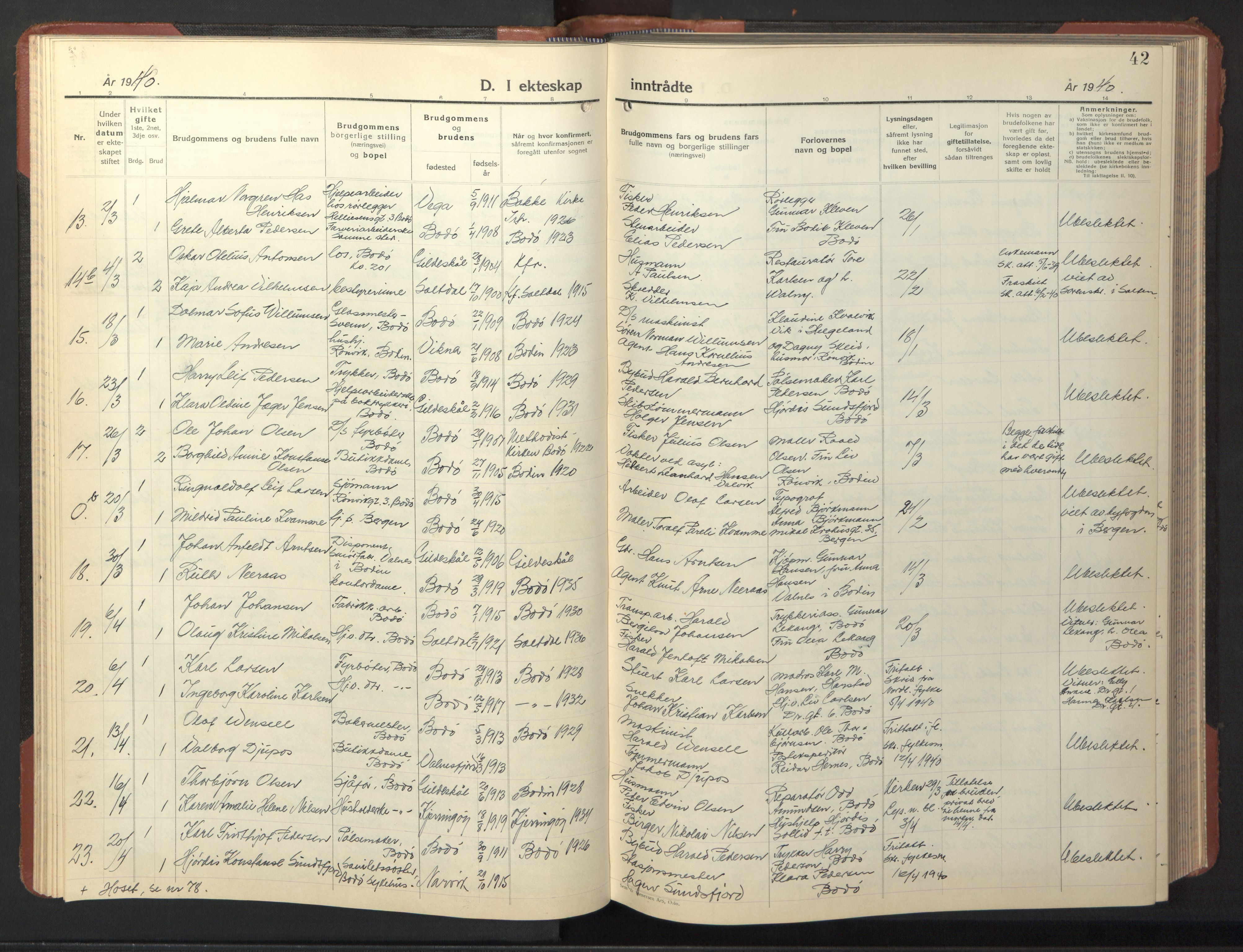 Ministerialprotokoller, klokkerbøker og fødselsregistre - Nordland, AV/SAT-A-1459/801/L0038: Parish register (copy) no. 801C13, 1935-1951, p. 42