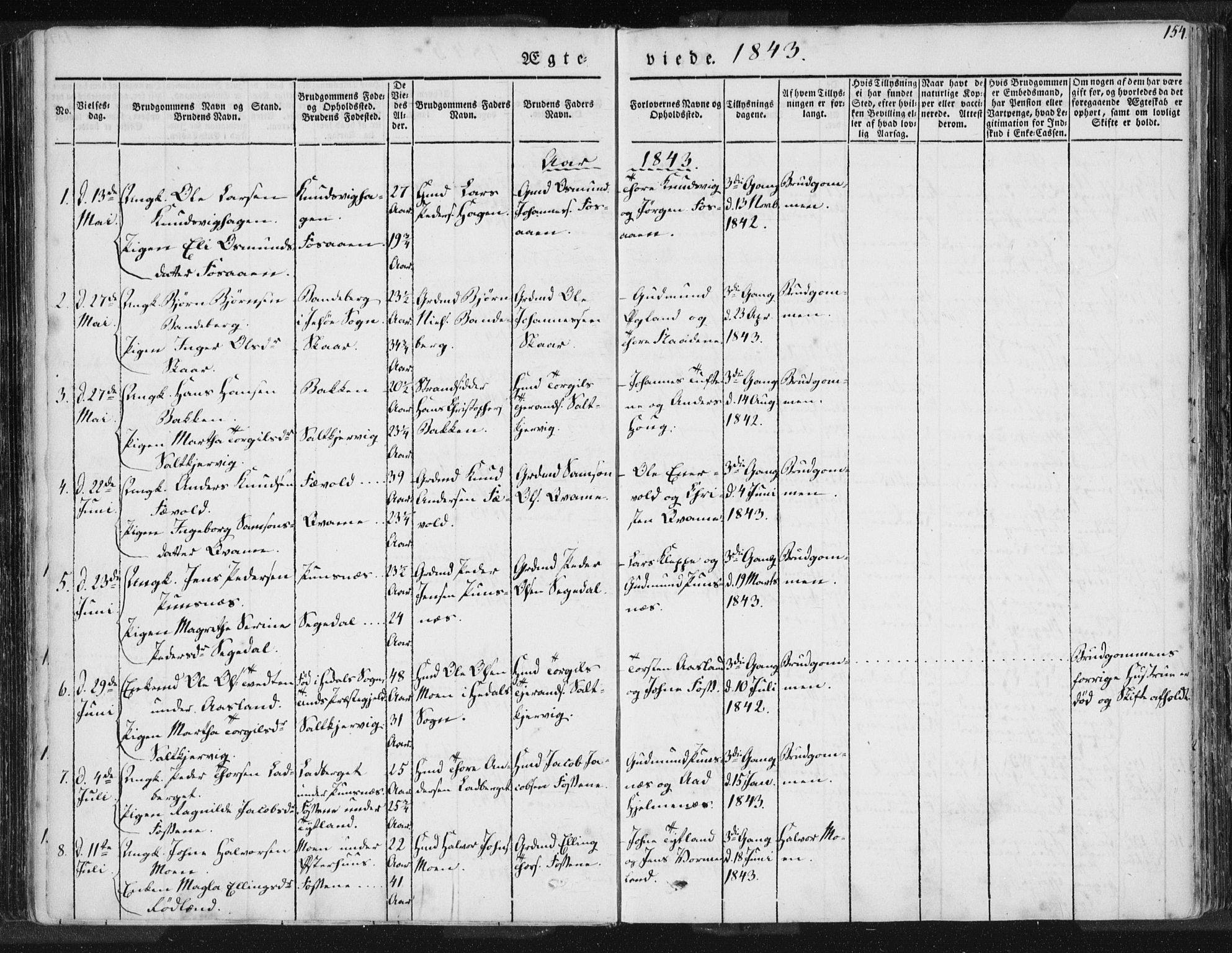 Hjelmeland sokneprestkontor, AV/SAST-A-101843/01/IV/L0006: Parish register (official) no. A 6, 1834-1845, p. 154