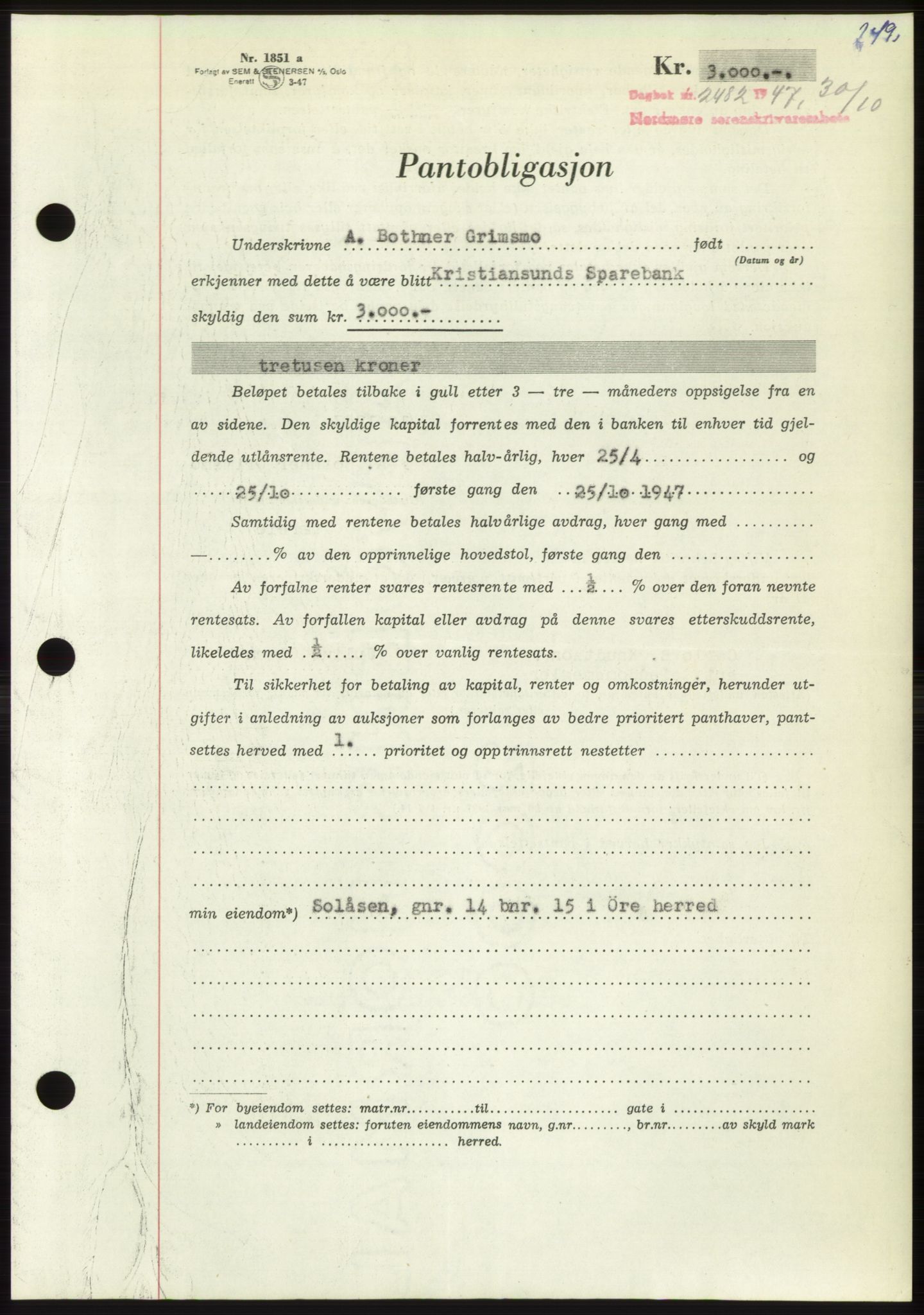 Nordmøre sorenskriveri, AV/SAT-A-4132/1/2/2Ca: Mortgage book no. B97, 1947-1948, Diary no: : 2482/1947