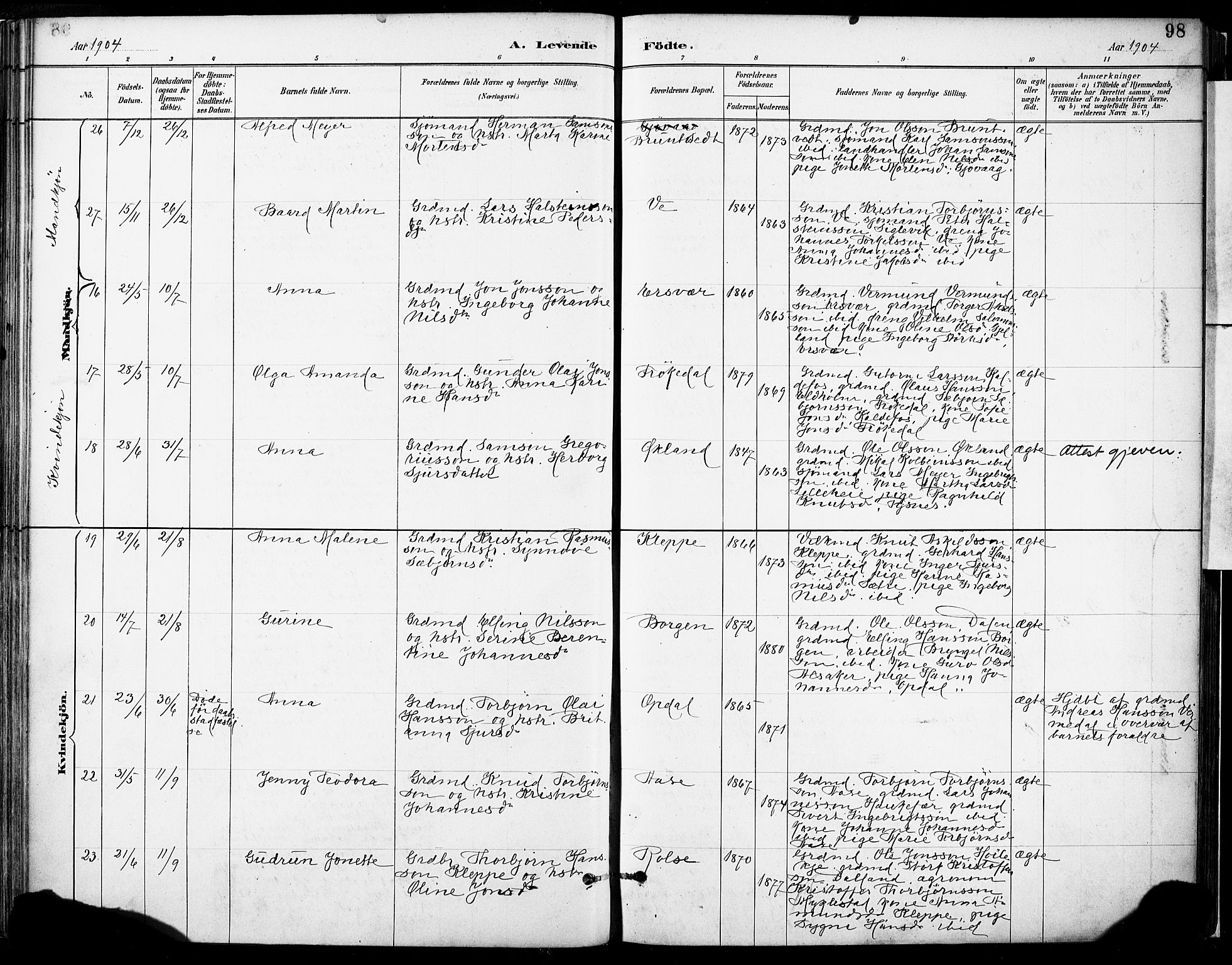 Tysnes sokneprestembete, AV/SAB-A-78601/H/Haa: Parish register (official) no. D 1, 1887-1904, p. 98