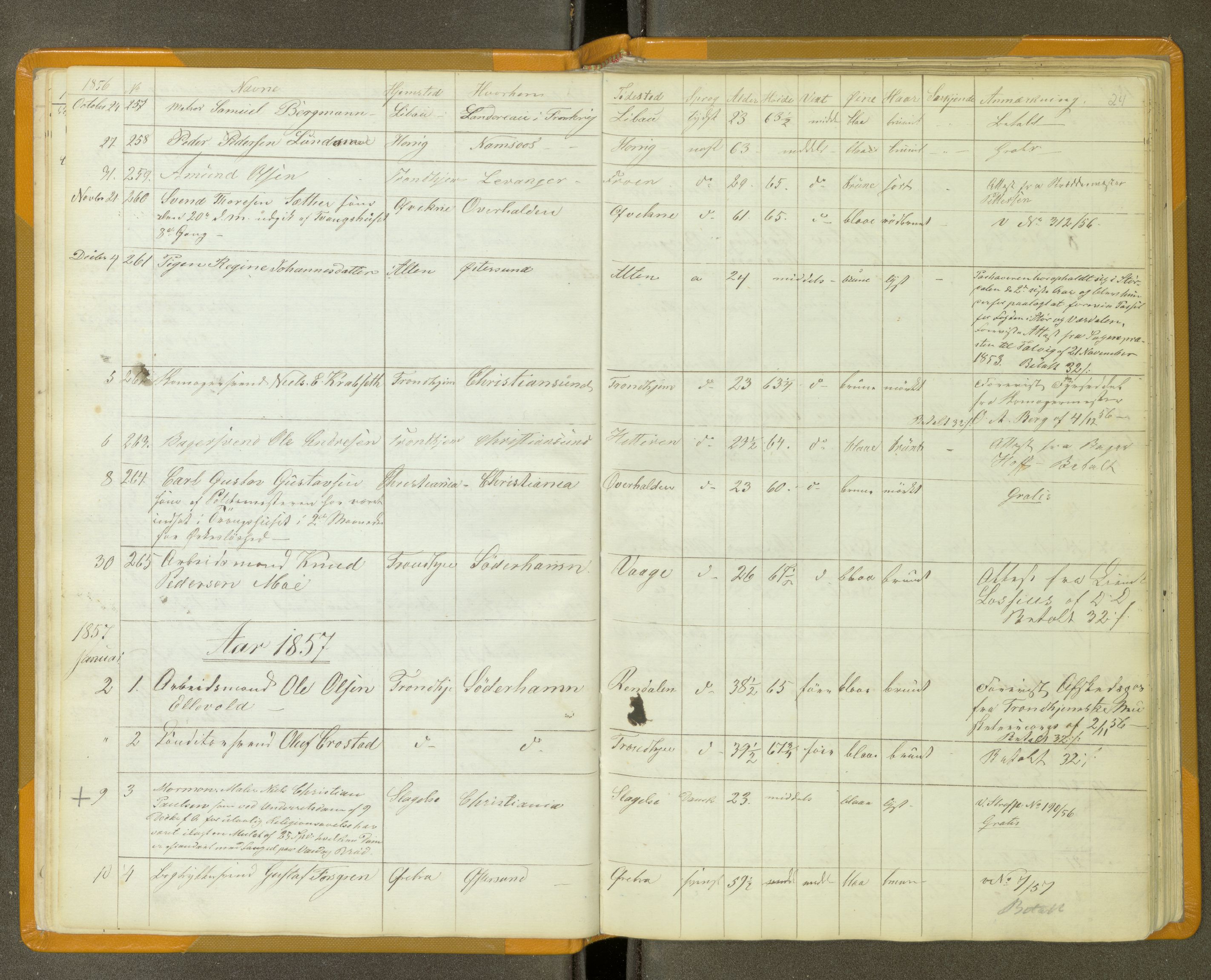 Trondheim politikammer, AV/SAT-A-1887/1/30/L0011: Passprotokoll. Utstedte pass 1855-1890. Utstede og forviste handelsbrev 1857-1860, 1855-1890, p. 23b-24a