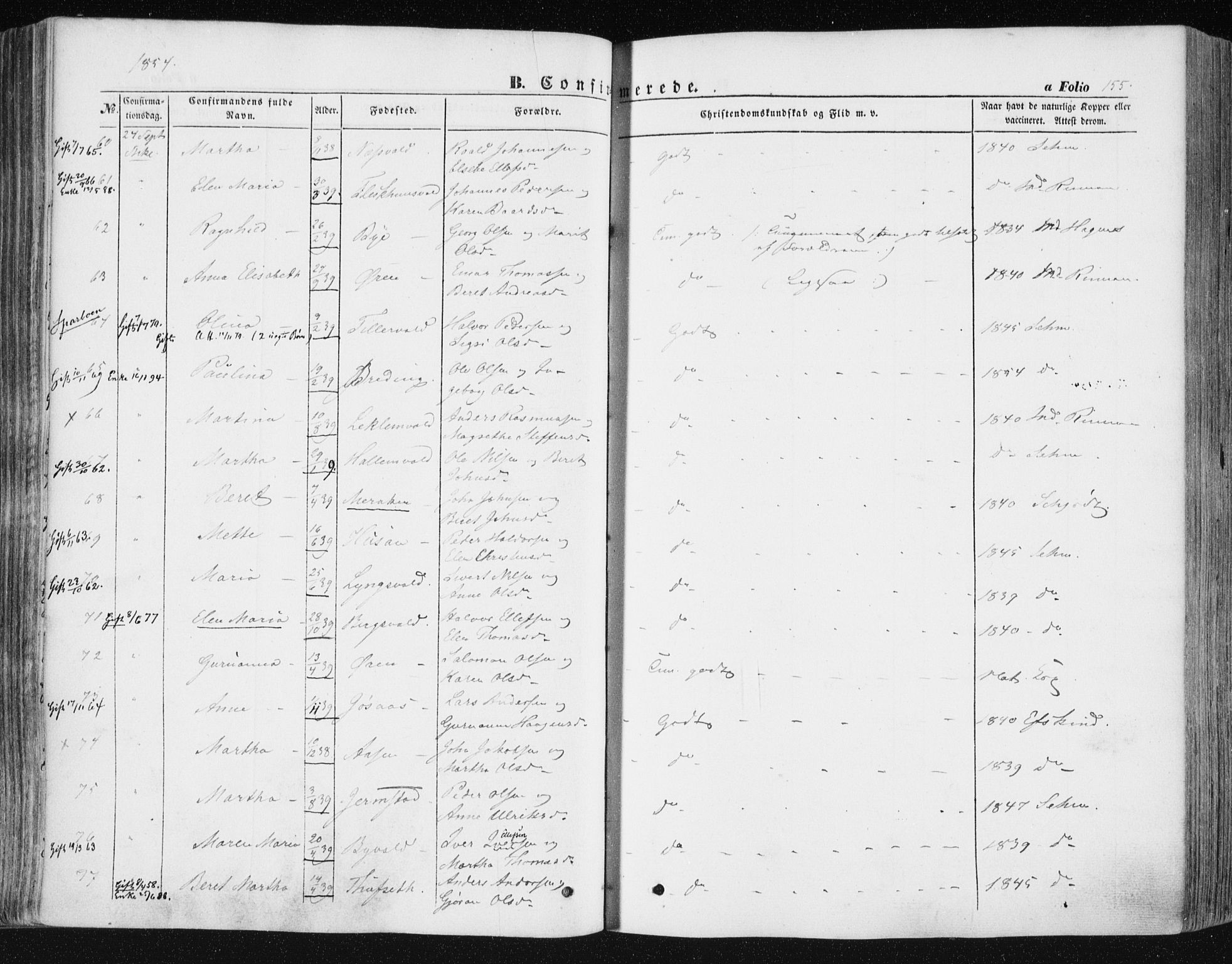 Ministerialprotokoller, klokkerbøker og fødselsregistre - Nord-Trøndelag, AV/SAT-A-1458/723/L0240: Parish register (official) no. 723A09, 1852-1860, p. 155