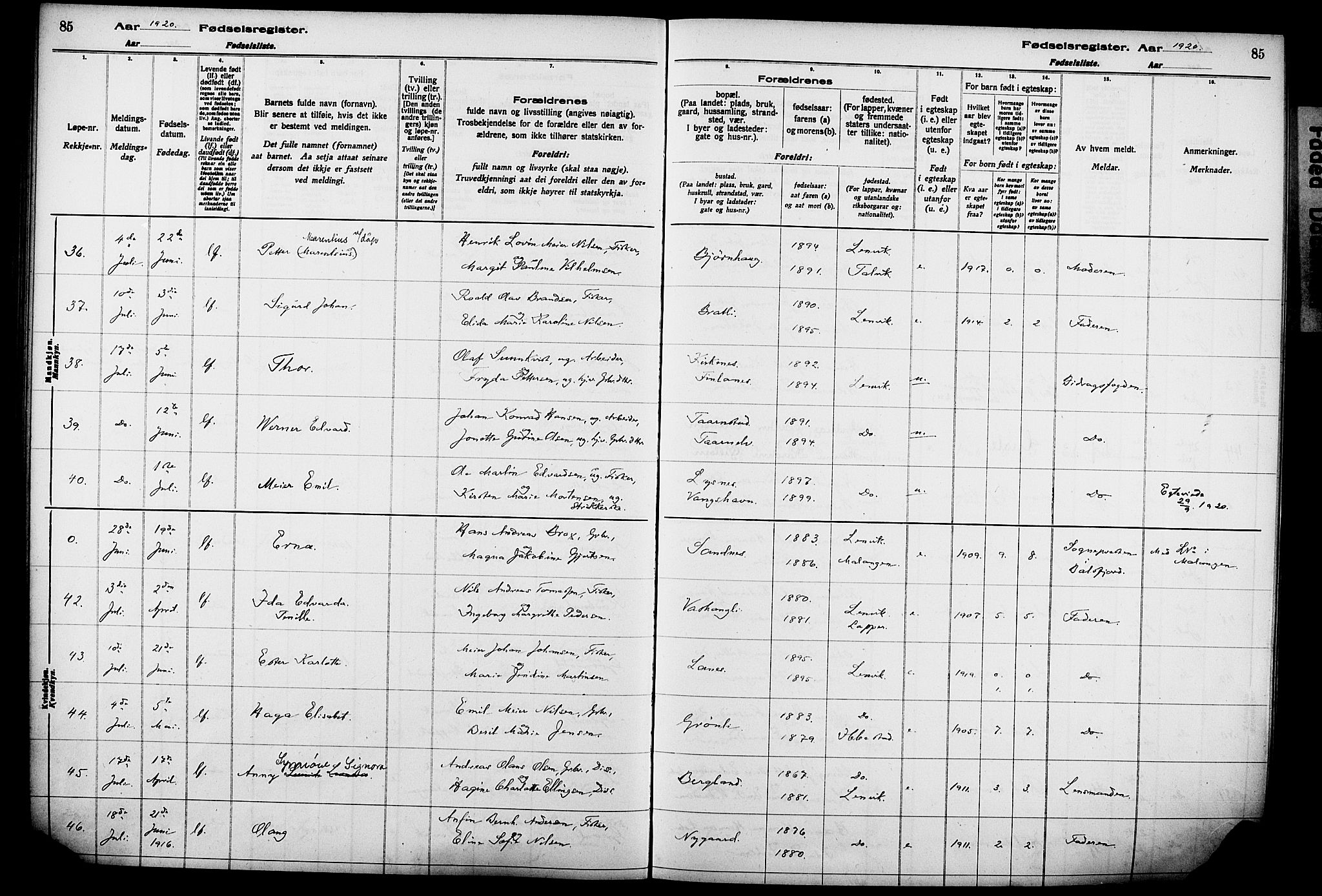 Lenvik sokneprestembete, AV/SATØ-S-1310/I/Ic/L0089: Birth register no. 89, 1916-1926, p. 85