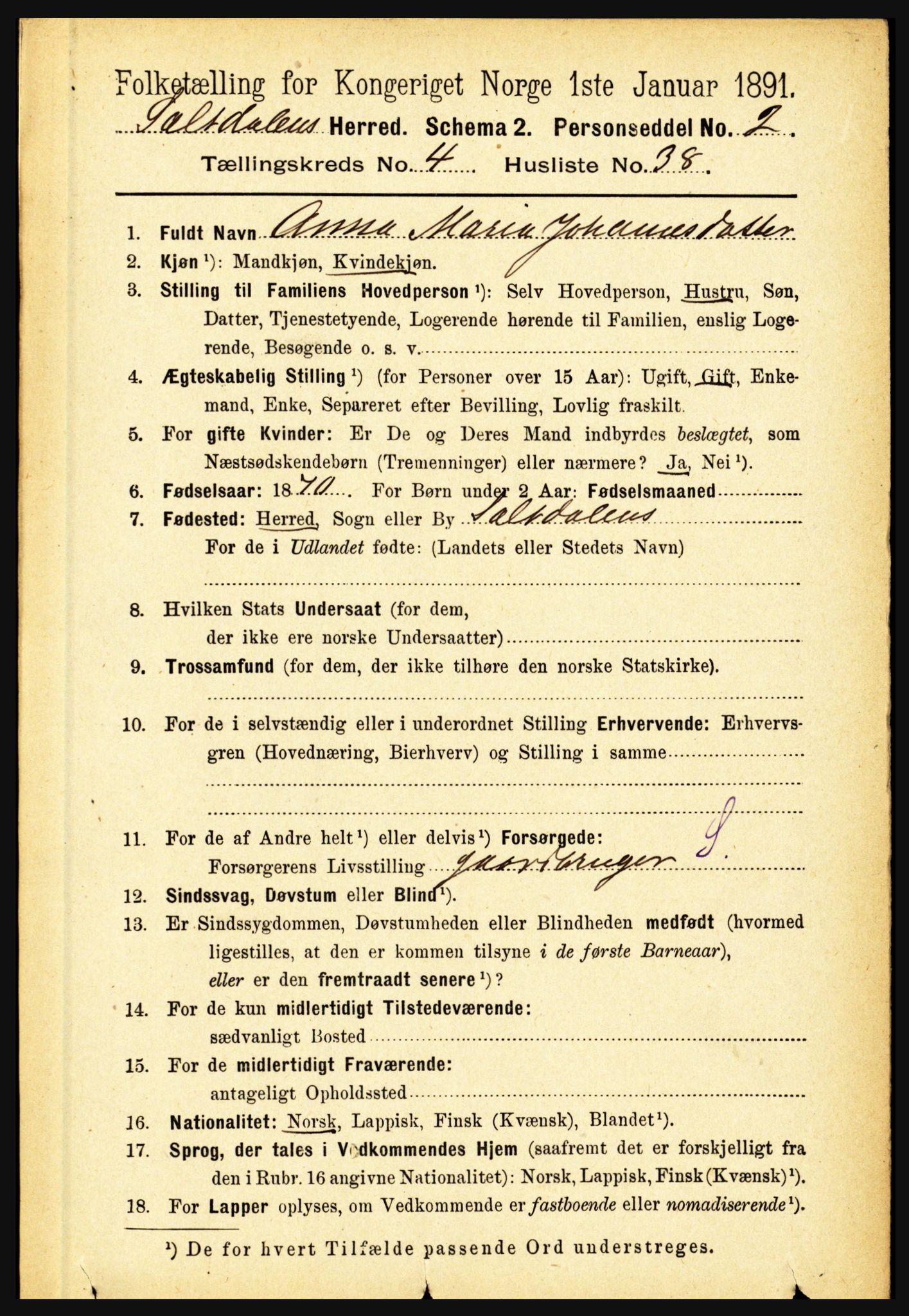 RA, 1891 census for 1840 Saltdal, 1891, p. 2583