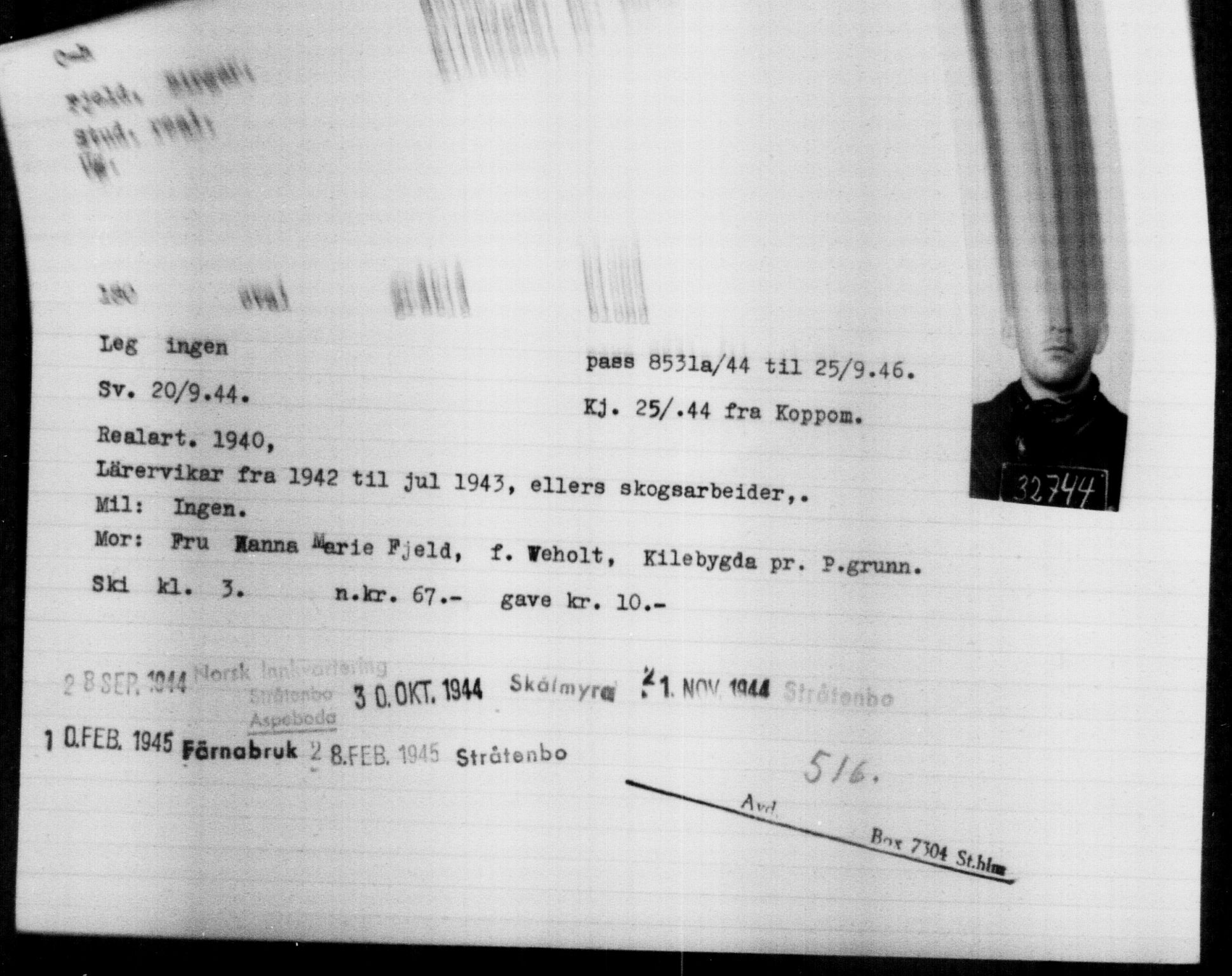 Utenriksstasjonene, Legasjonen i Stockholm, Flyktningkontoret, AV/RA-S-6753/V/Va/L0013: Kjesäterkartoteket, flyktninger med registreringsnr. 31500-34731, 1940-1945, p. 1307
