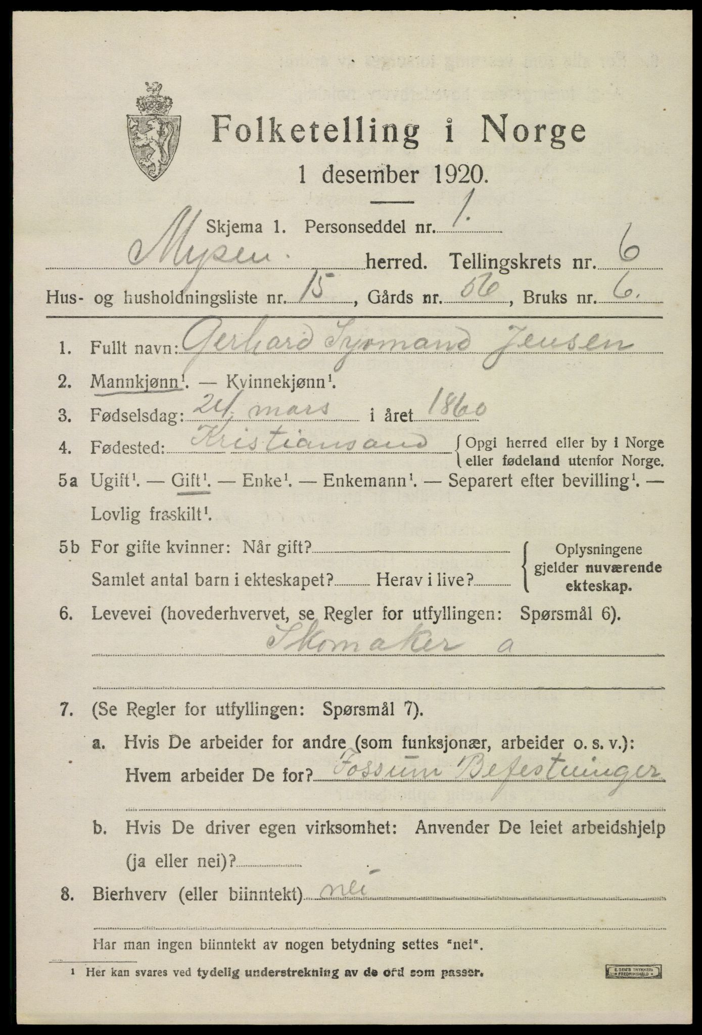 SAO, 1920 census for Mysen, 1920, p. 3097