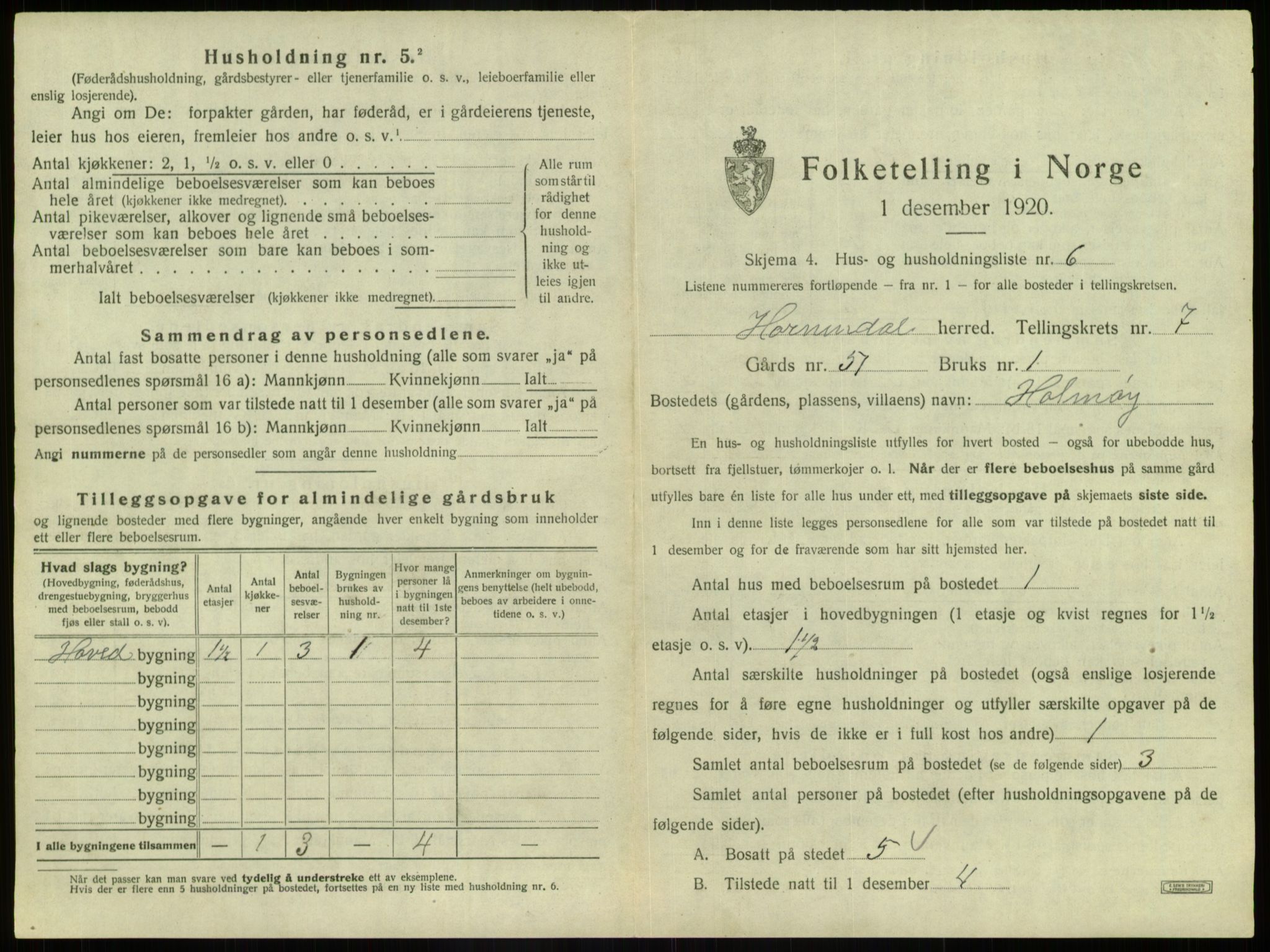 SAB, 1920 census for Hornindal, 1920, p. 483